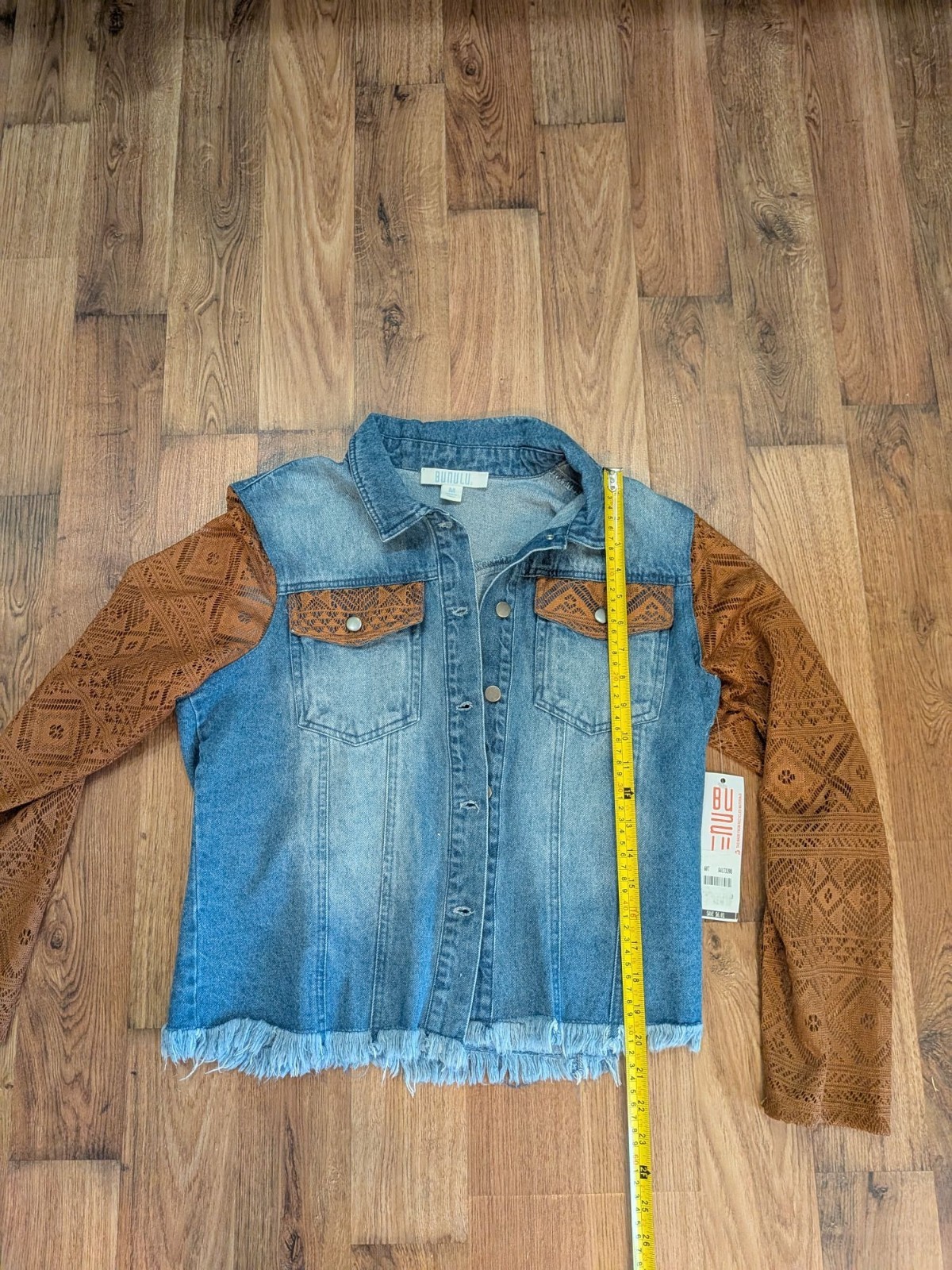 Bunulu Distress Denim Jacket Like Shirt Lace Sleeves Frayed Hem Sz. M New w/Tags