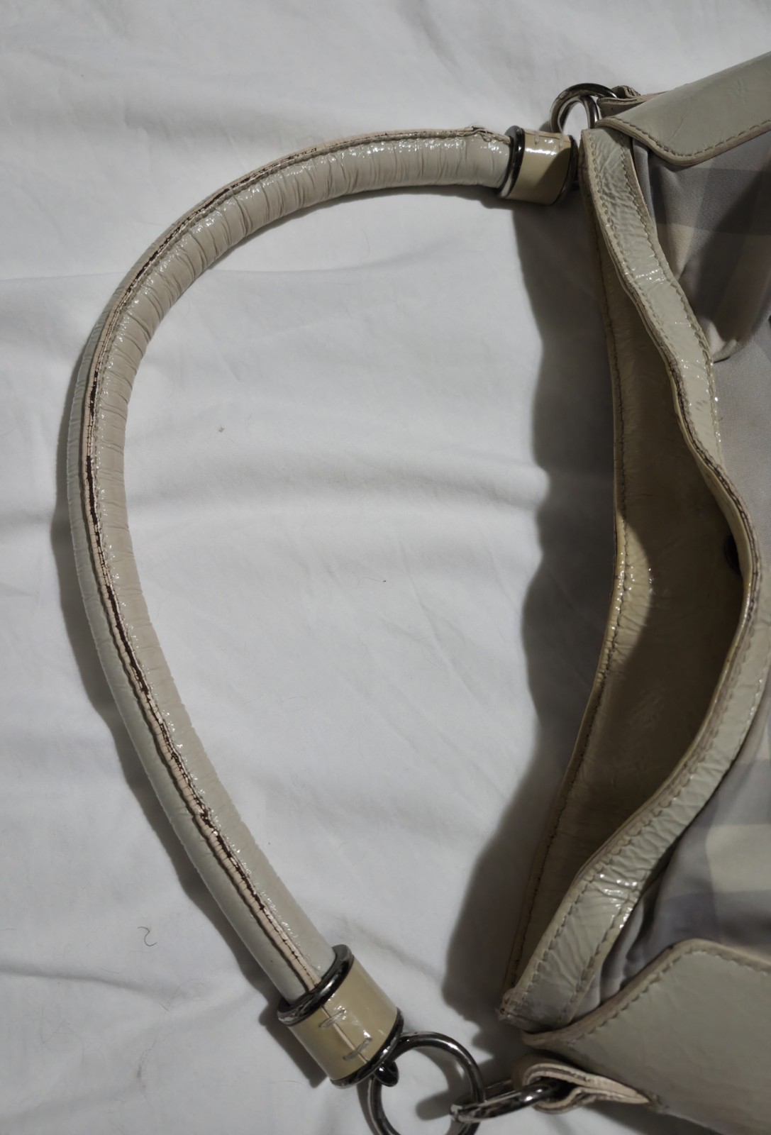 Burberry Checked Gray Nylon & Trimmed Smoke Patent Leather Shoulder Hobo Bag