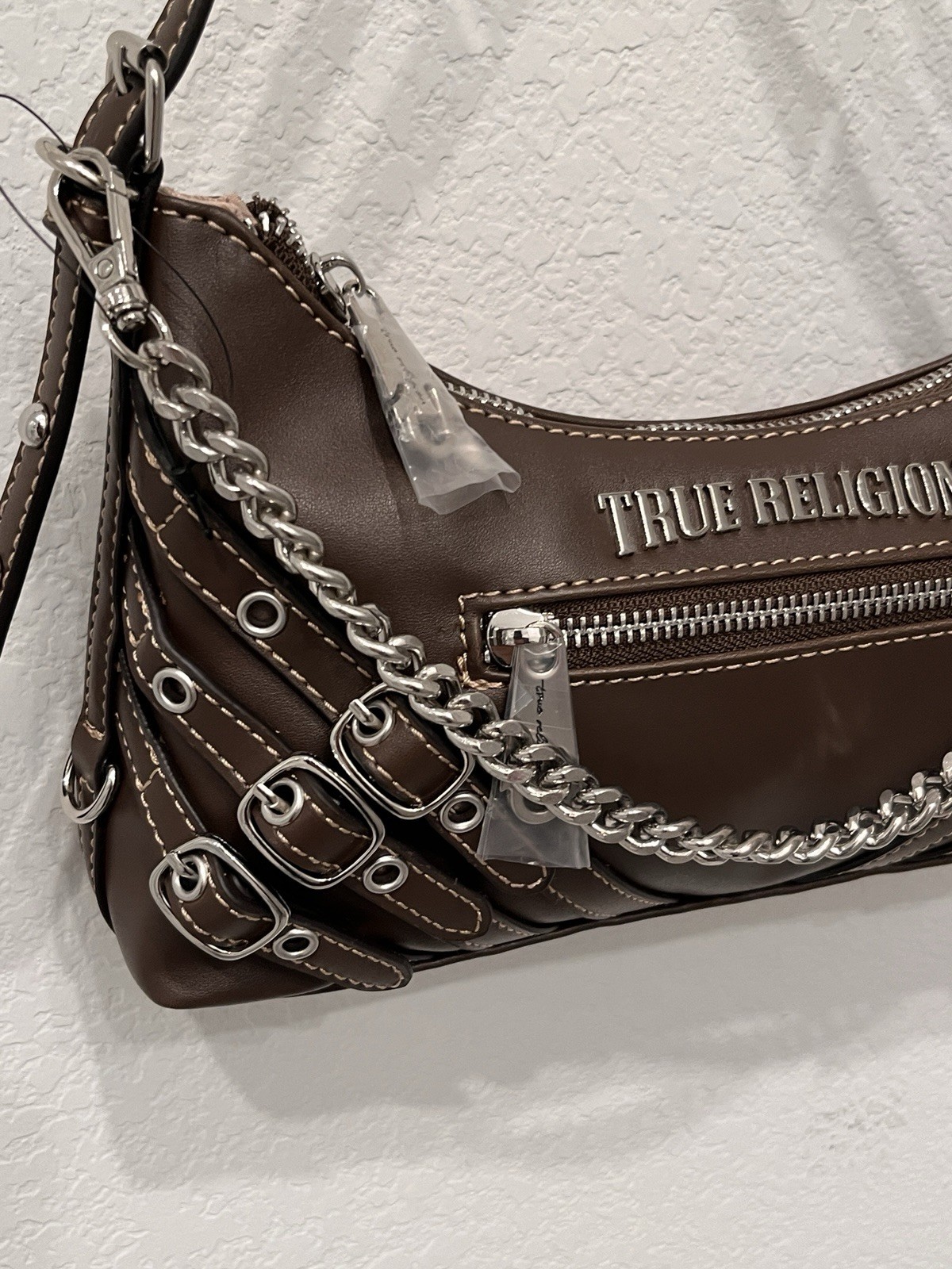 True Religion Brown Crescent Shoulder Bag Zip Chain & Buckle Accents Silver