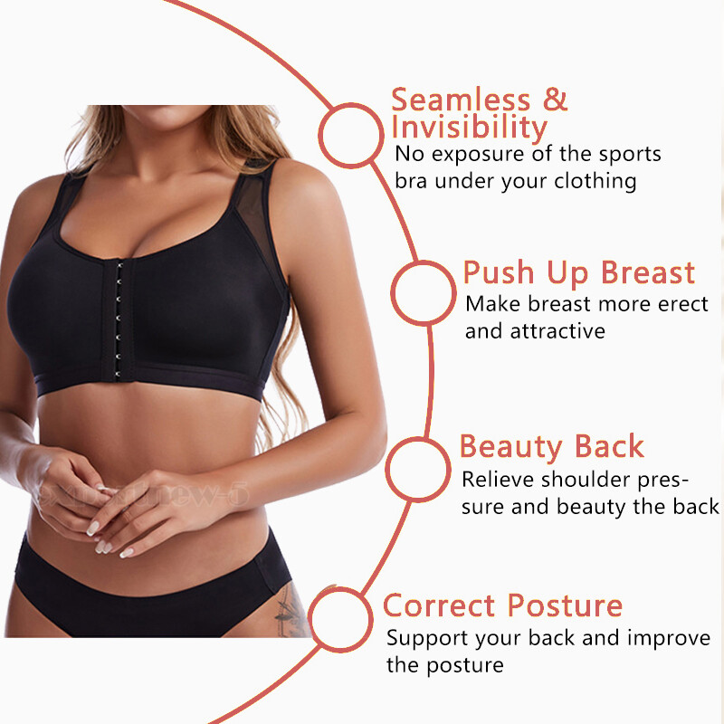 Women’s Front Closure Posture Wireless Back Support Full Coverage Bra Wide Strap