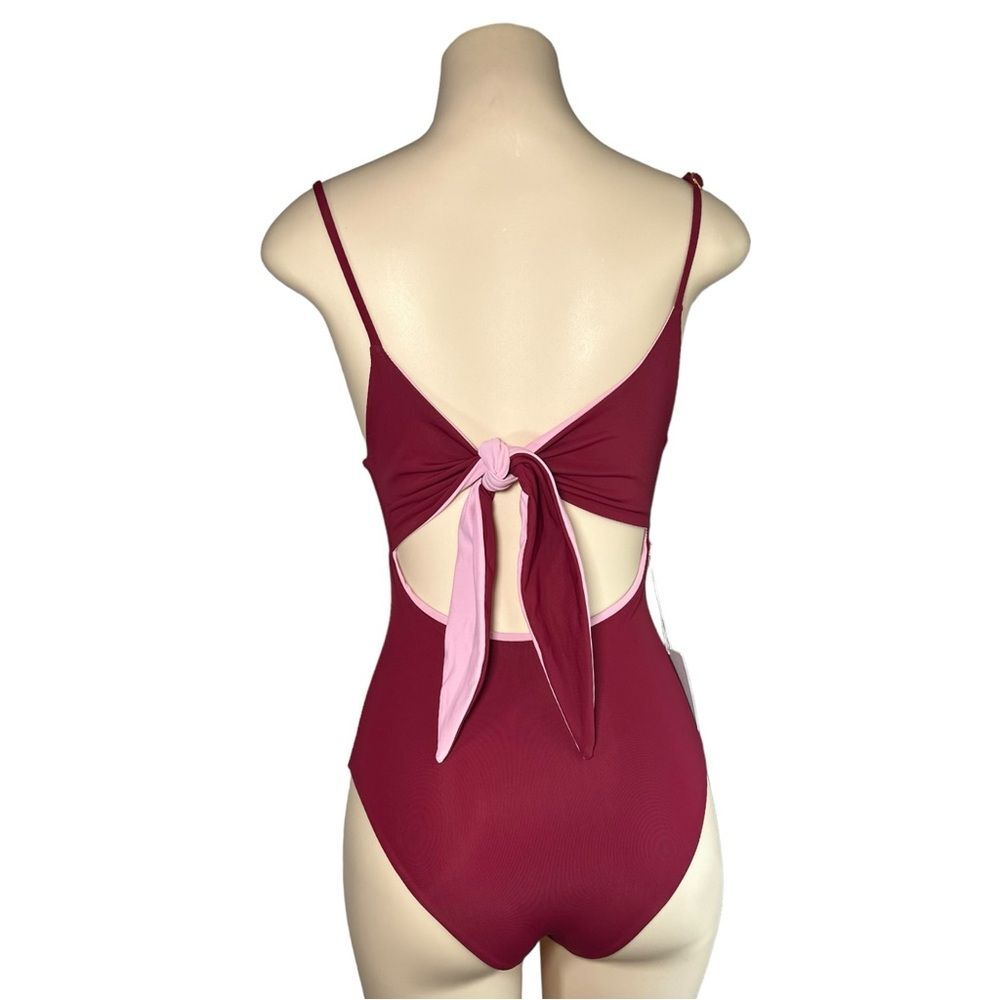 NWT FLEURSWIM Wine Red / Light Pink One Piece Square Neck Tie-Back Size: Small
