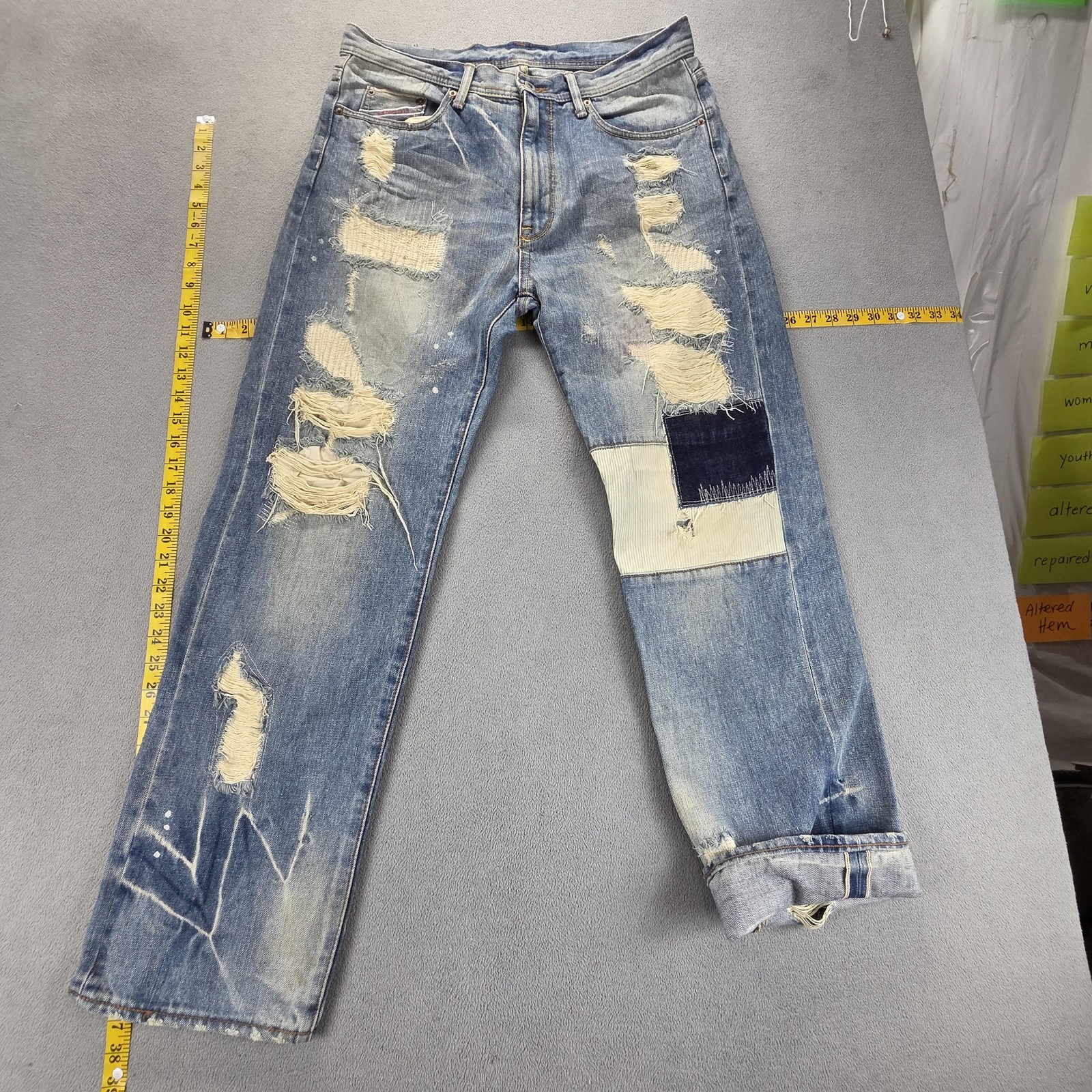 Selvedge Jeans Mens Blue Patchwork Thrashed Destroyed Embroidered Fits 32×30