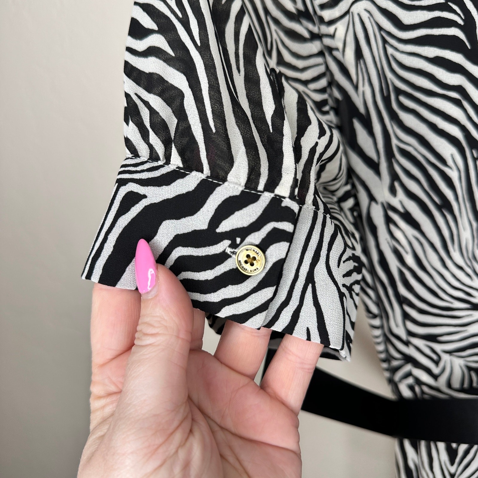 NWT Michael Kors Zebra Print Georgette Belted Puff Sleeve Midi Shirt Dress Med