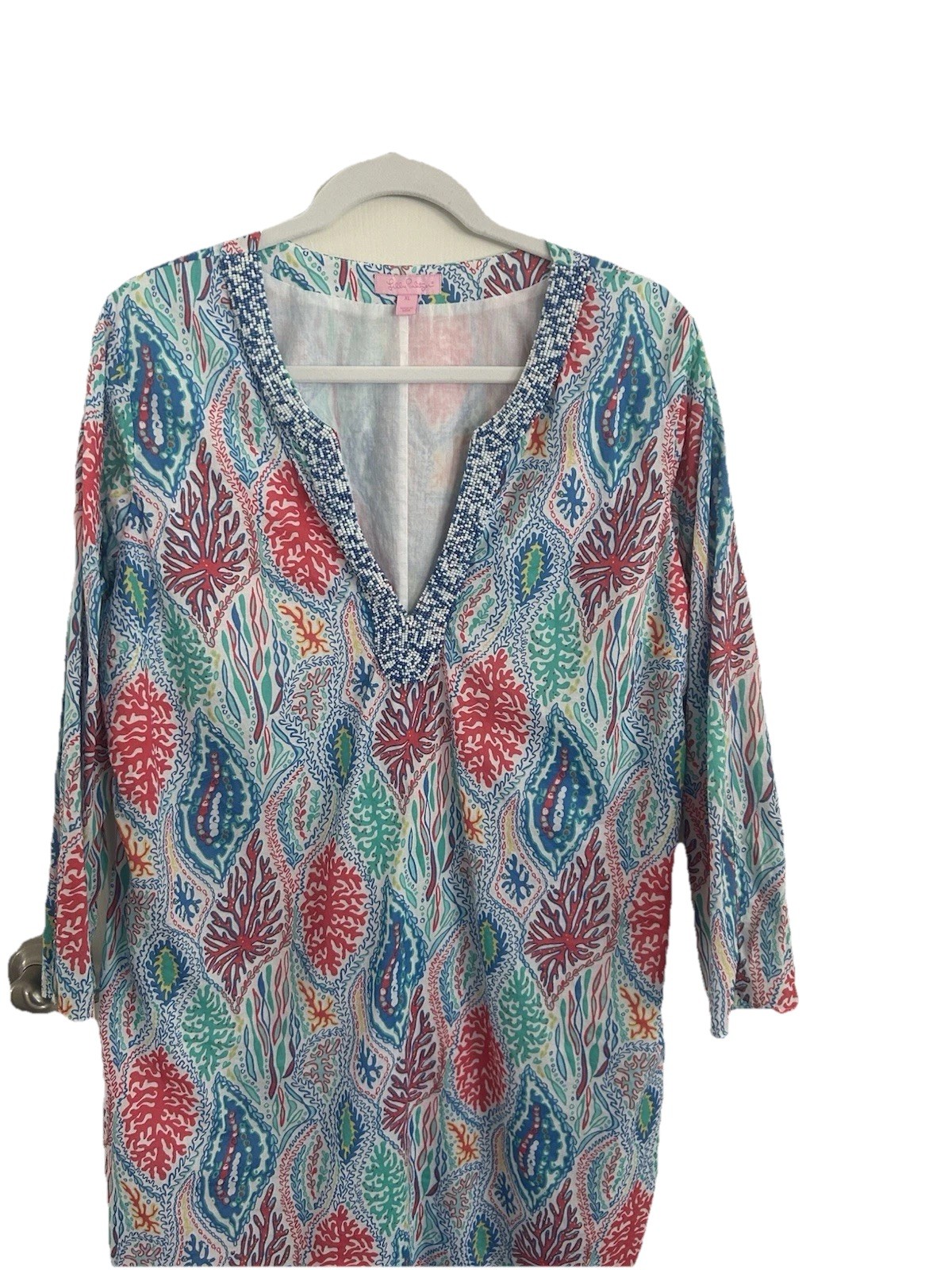 Lilly Pulitzer Courtney Tunic Dress Multi Let Minnow Beaded Shift Resort Size XL