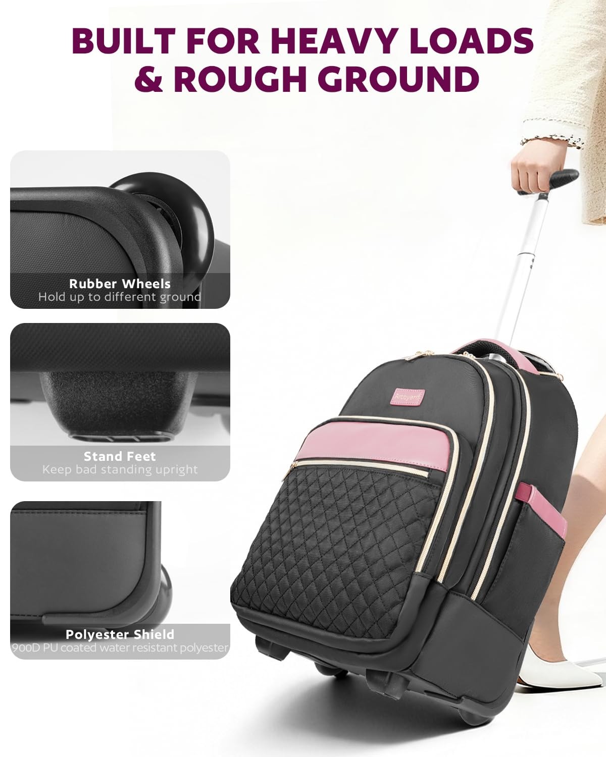 Arcoyard Rolling Backpack, 17 Inch Laptop With Wheels for Women, Black Purple