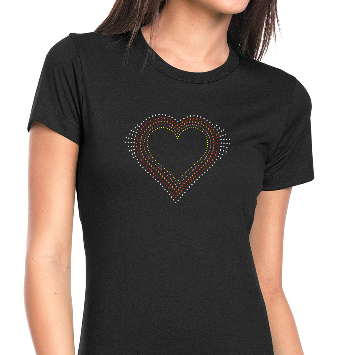 Womens T-Shirt Rhinestone Bling Black Fitted Tee Multicolor Heart Pink Red White