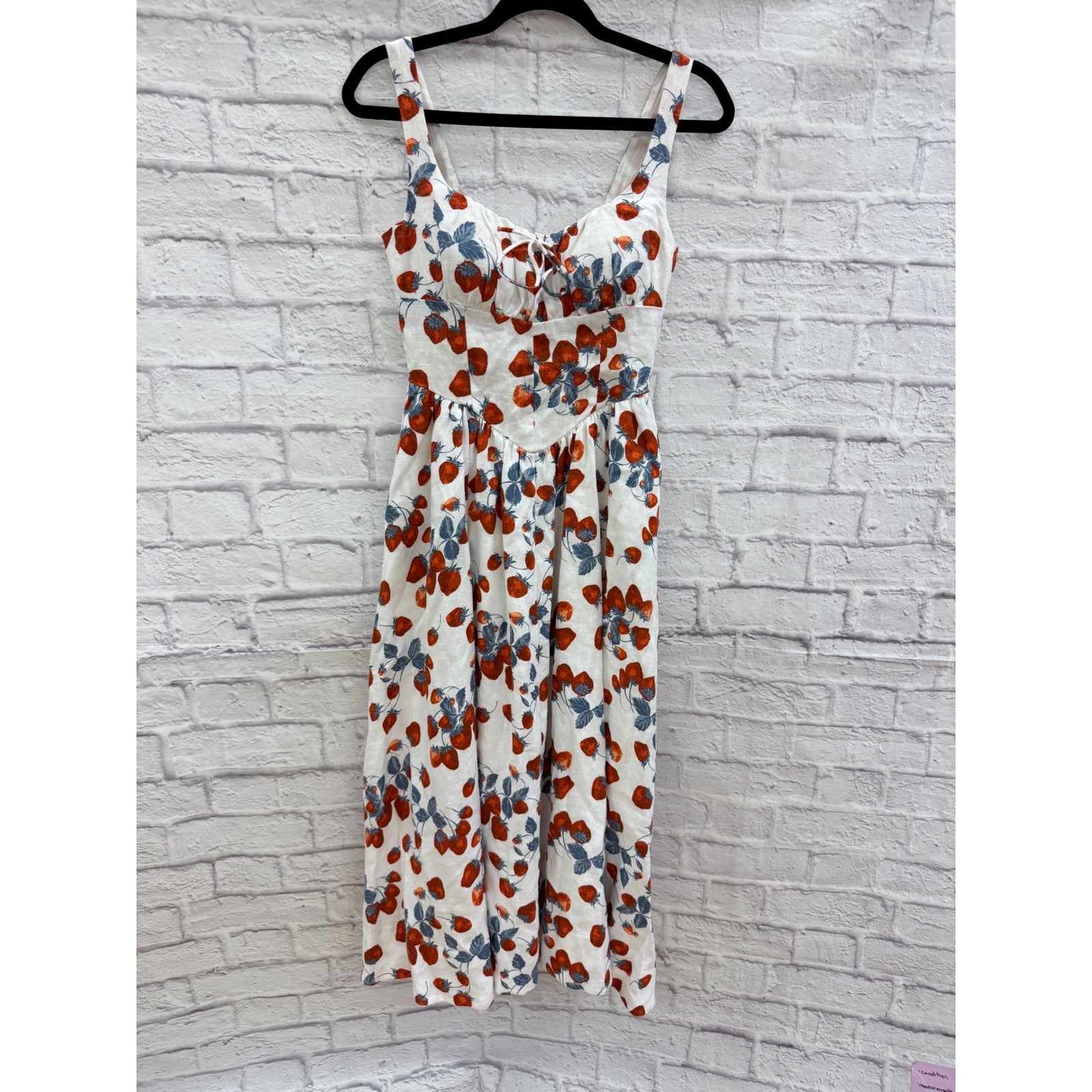 Reformation Balia Linen Strawberry Print Basque Waist Midi Dress White Red Sz 2