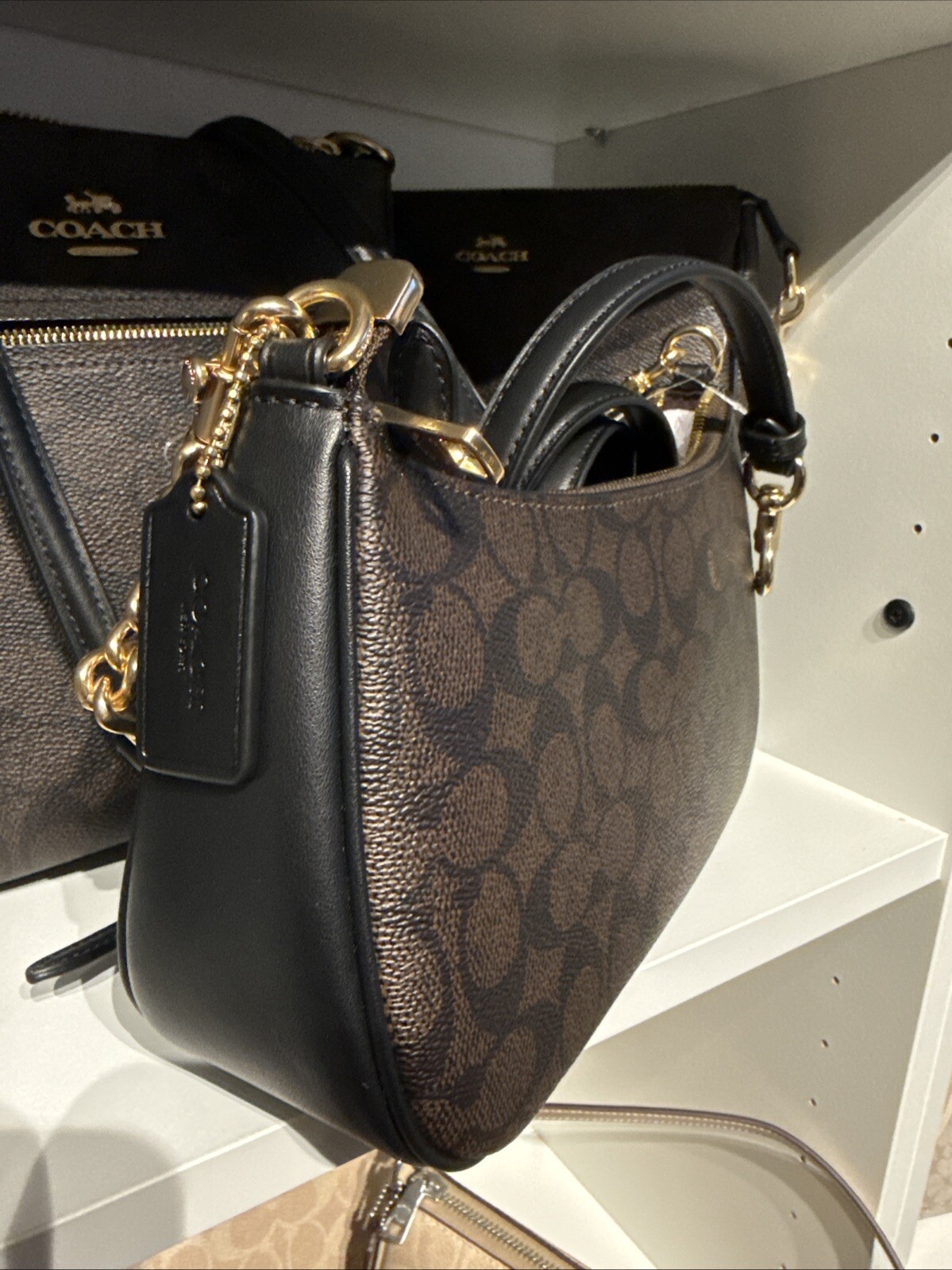 NWT COACH CV933 Women’s Teri Shoulder Bag In Signature Canvas Gold/Brown Black