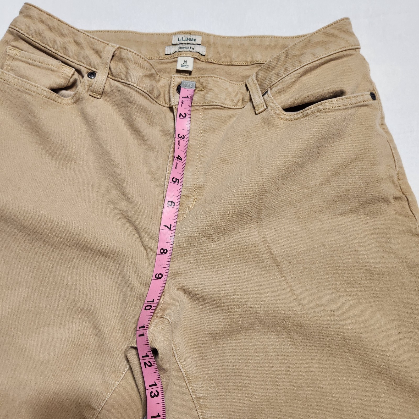 LL Bean Classic Fit Womens 14 Petite Tan Khaki Stretch Denim Jeans Straight Leg