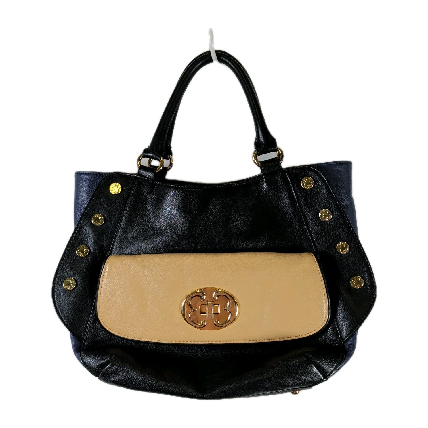 Emma Fox Colorblock Turnlock Studded Double Handled Satchel Black Blue Beige