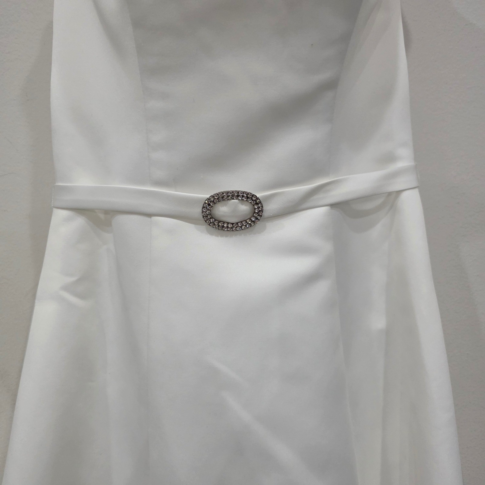 Forever Yours White Satin A-Line Wedding Dress Rhinestone Belt Size 2 Strapless