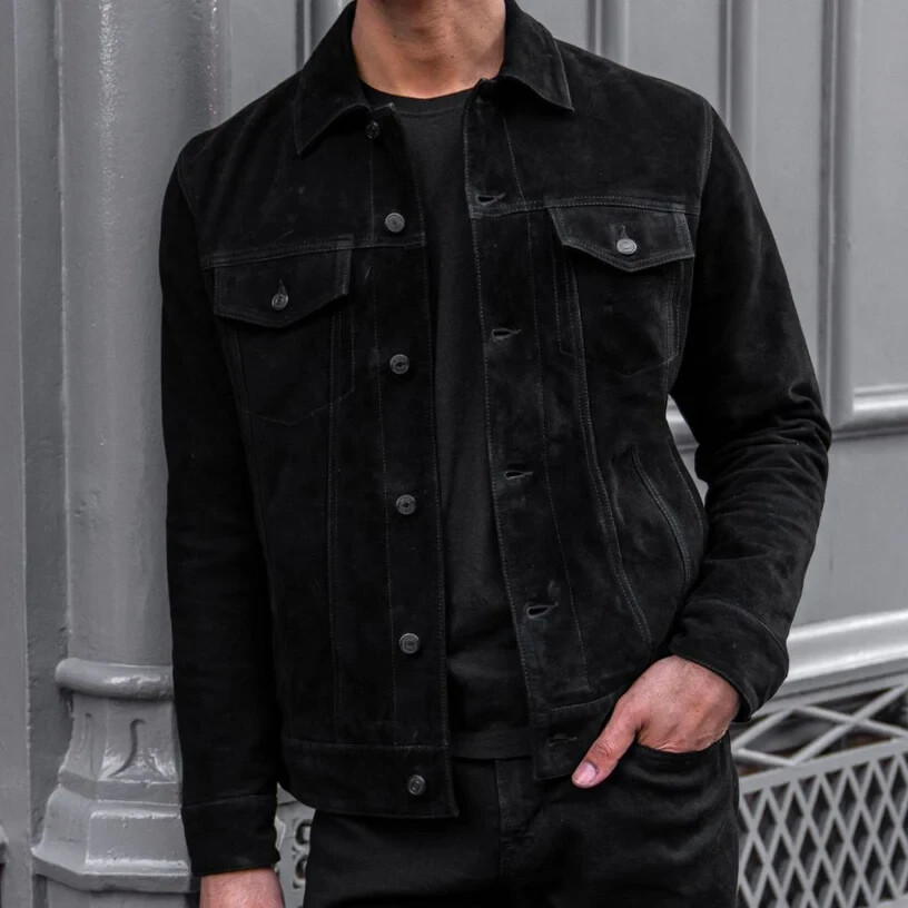Men’s Black Suede Leather Jacket Trucker Classic Vintage Durable Coat Jacket
