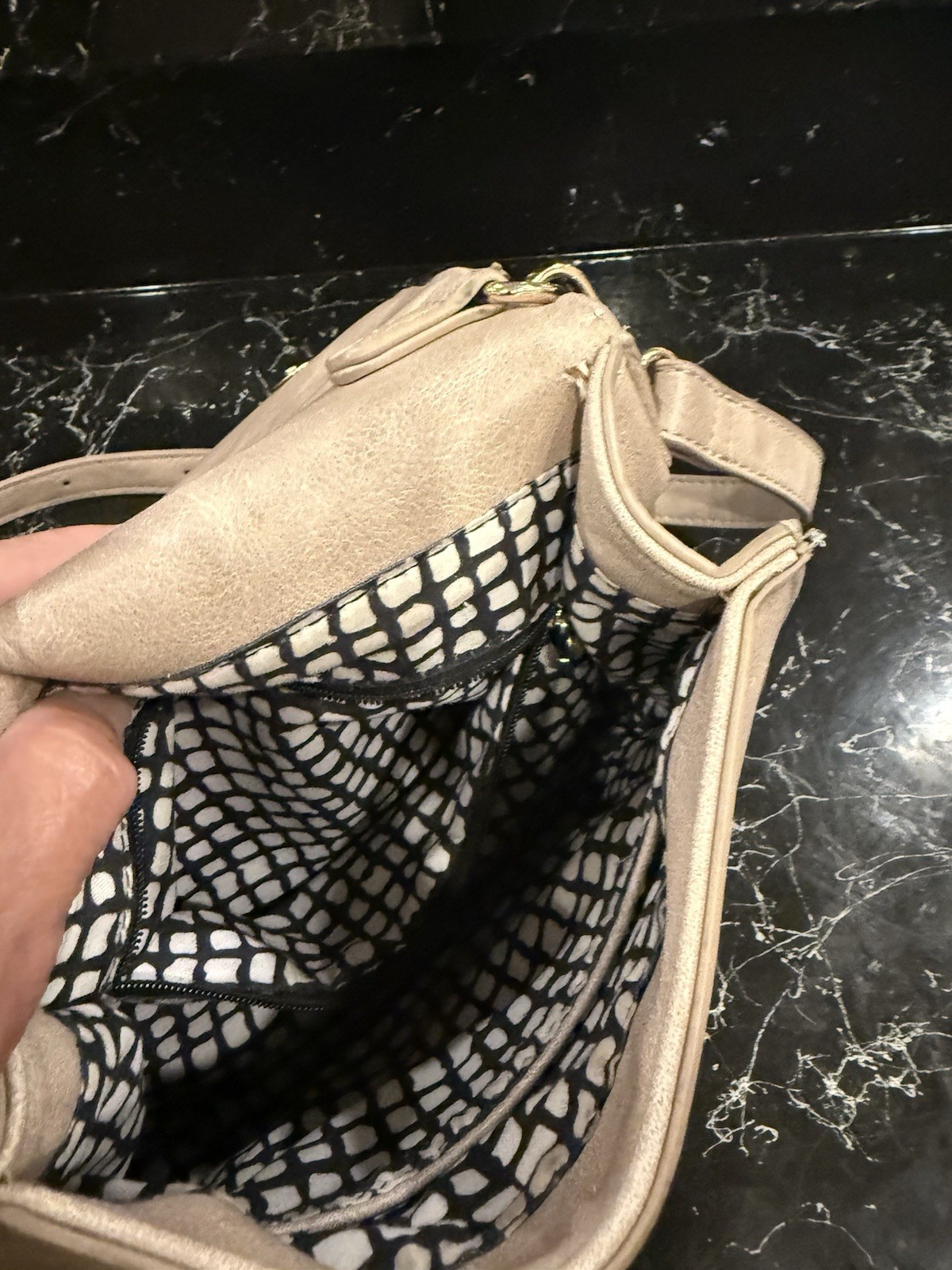Beige Small Geometric Crossbody Bag Top Handle Adjustable Strap Zip Pockets