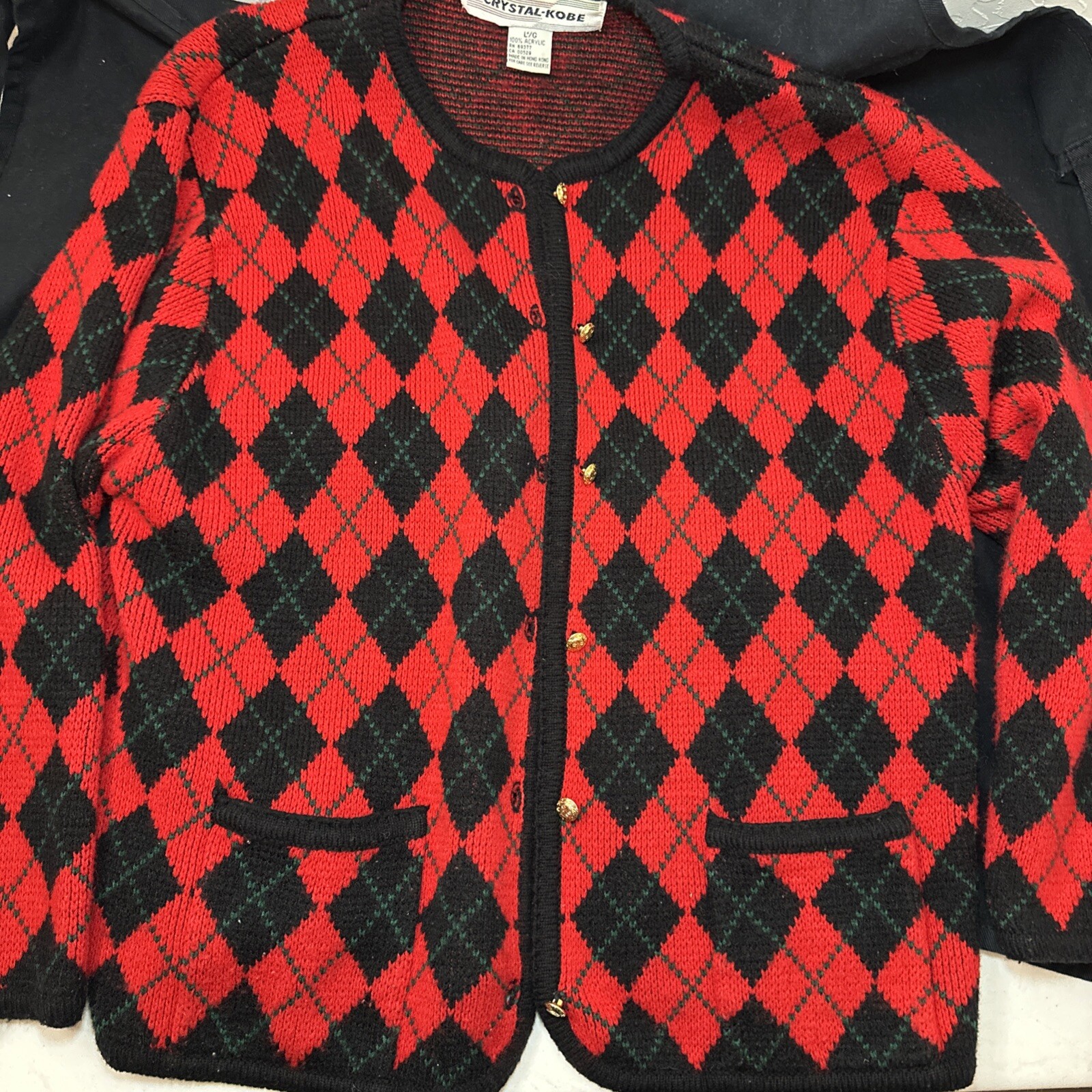 Red Argyle Cardigan Womens Large Black Crystal Gold Button VTG Diamond Sweater