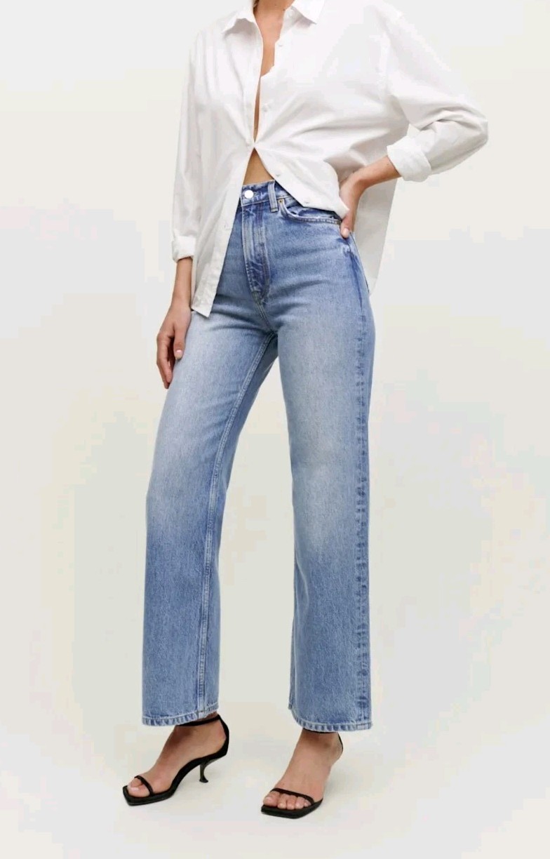 Reformation Wilder Sz 30 High Rise Wide Leg Crop Jeans Medium Wash Sustainable