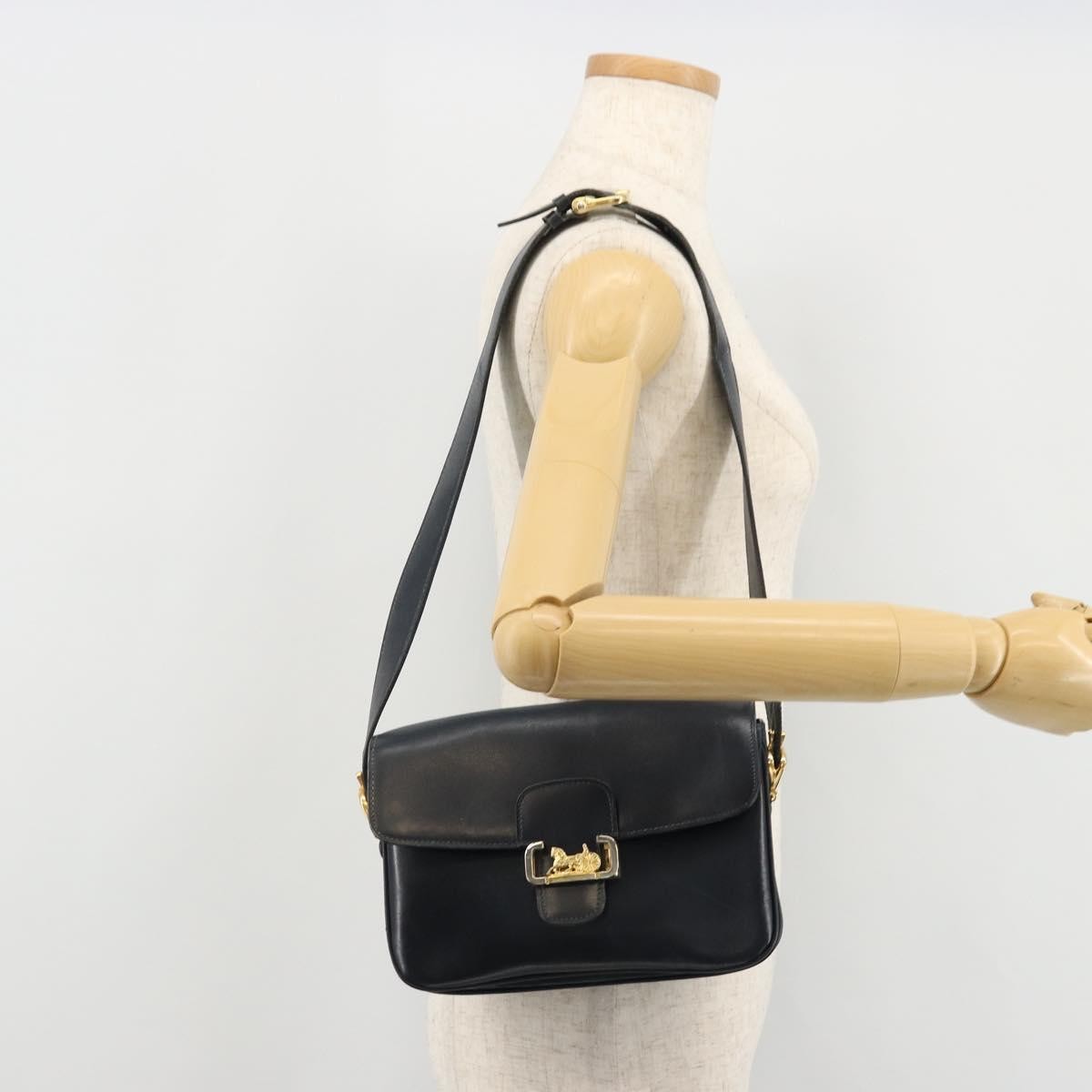 CELINE Horse Carriage Shoulder Bag Leather Navy Gold Auth YKZ1109