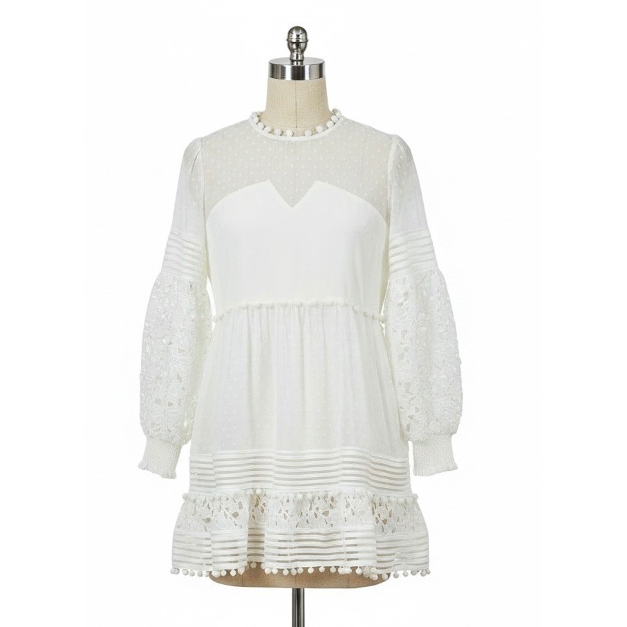 Hesperus White Lace Mini Dress Boho Pom Pom Swiss Dot Long Sleeve Size L