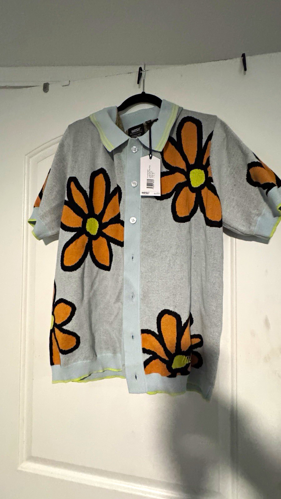 WESC Floral Jacquard Knit Cardigan Sweater Collared Short Sleeve Size L