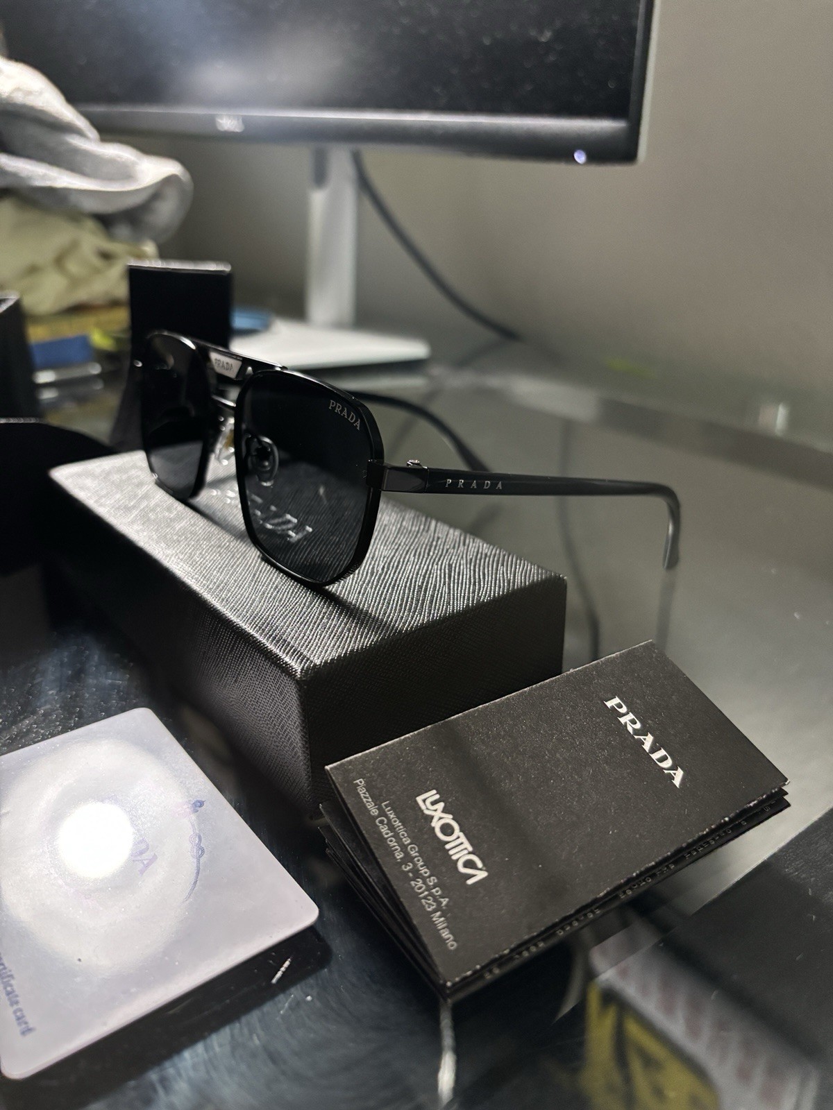 PRADA Square Sunglasses Black Metal Frame Black Tinted Lenses