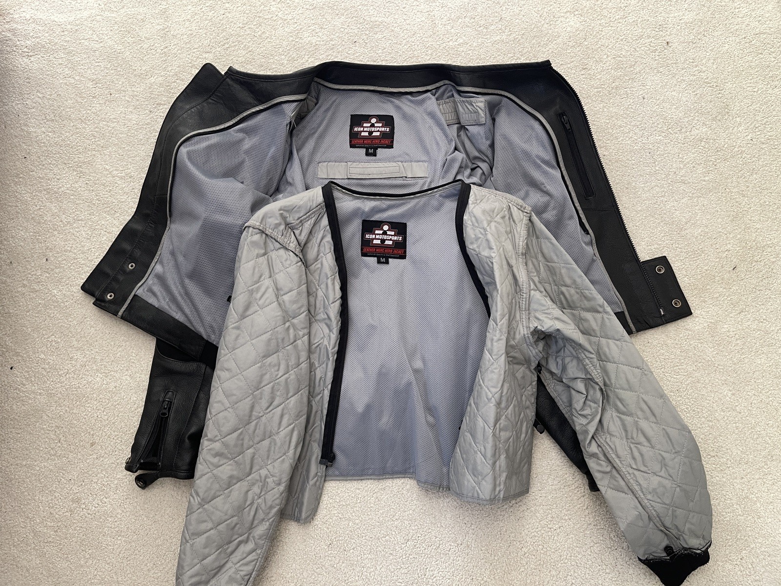 Icon Racing Logo Embroidered Black Leather Merc Hero Moto Jacket Mens Medium M