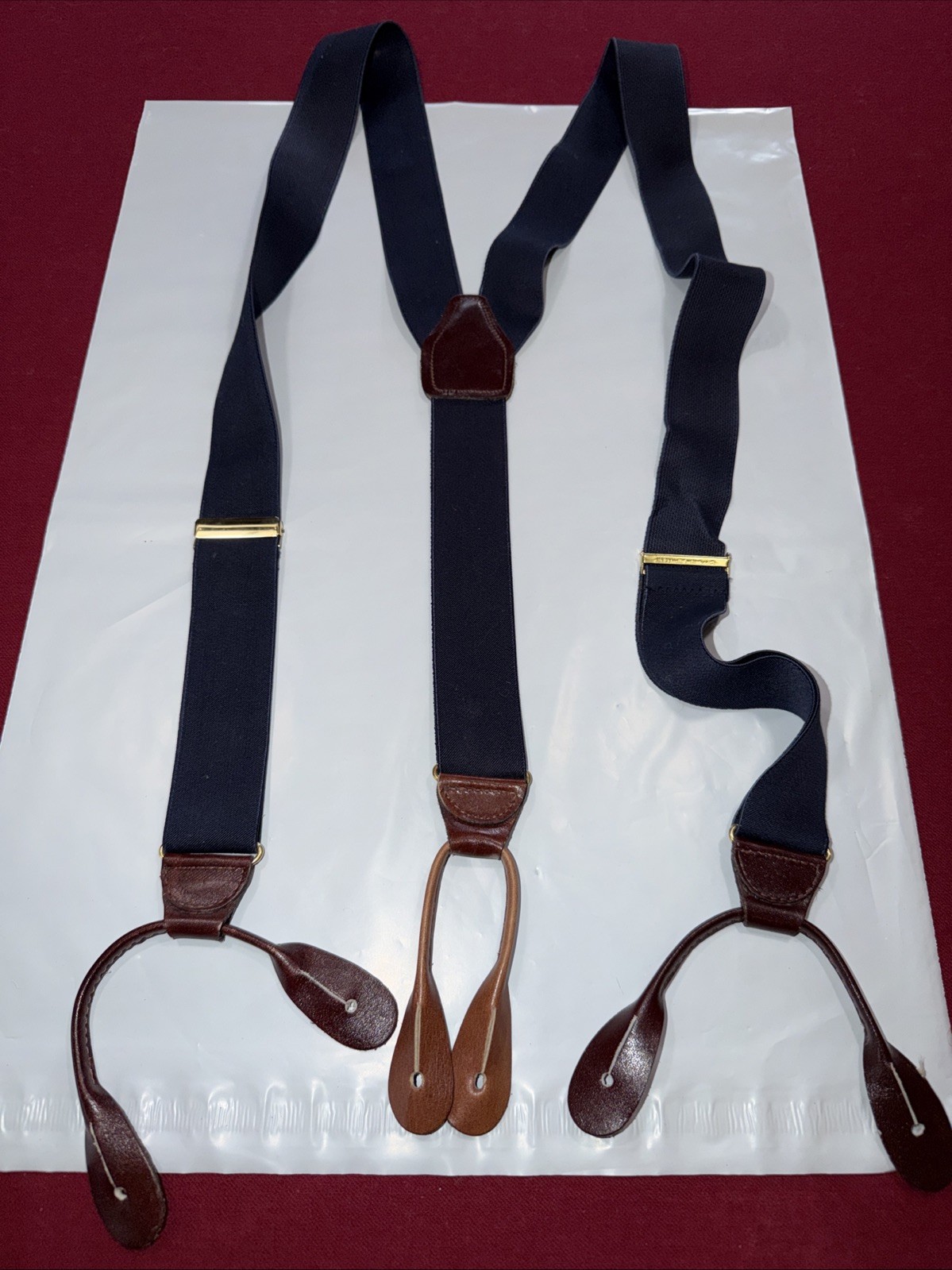 Vintage CAS W Germany BLUE Suspenders BROWN Leather Button Tab Braces Y strap OS