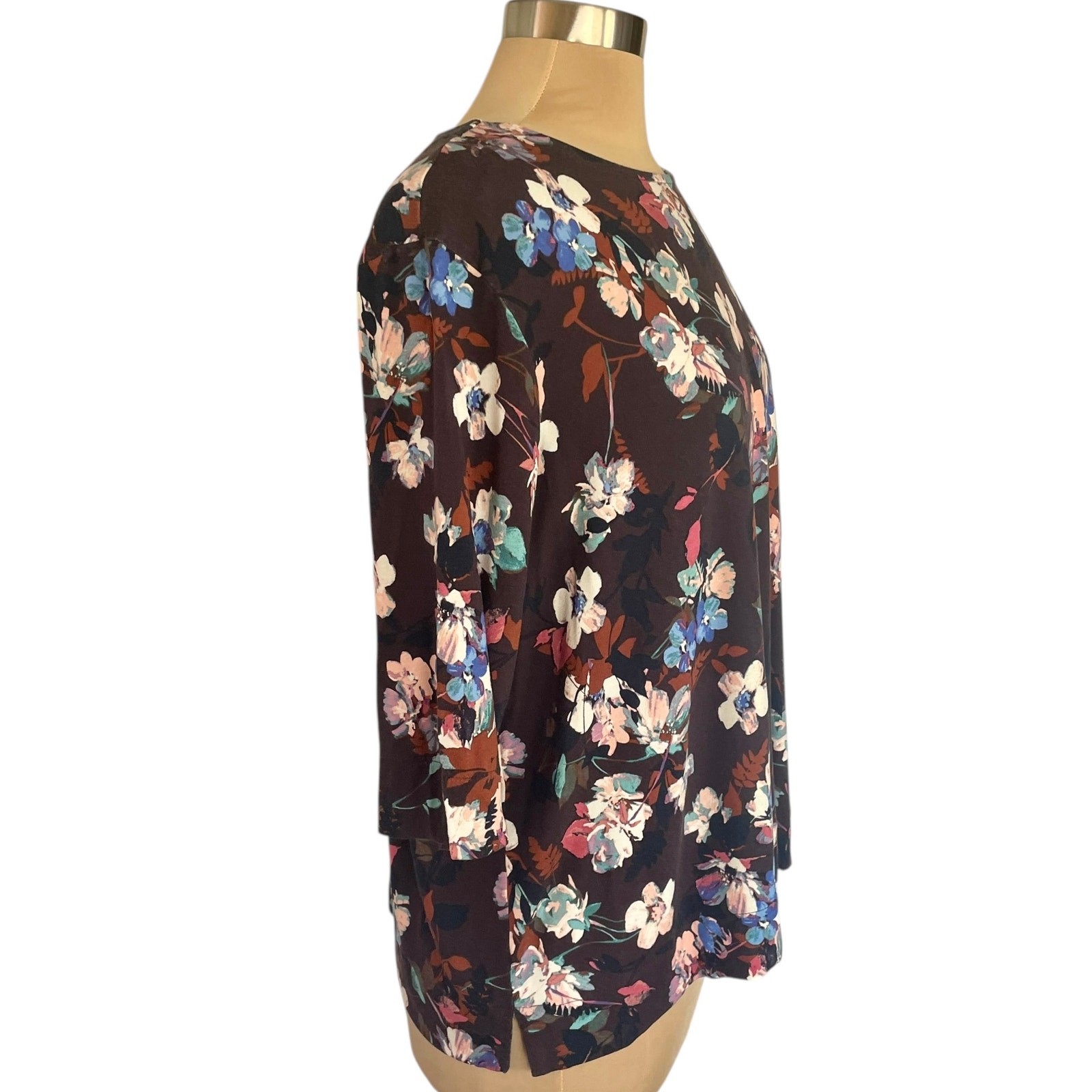 J. Jill Wearever Brown Blue Floral 3/4 Sleeve Tee Sz XLp Casual Office Work Wear