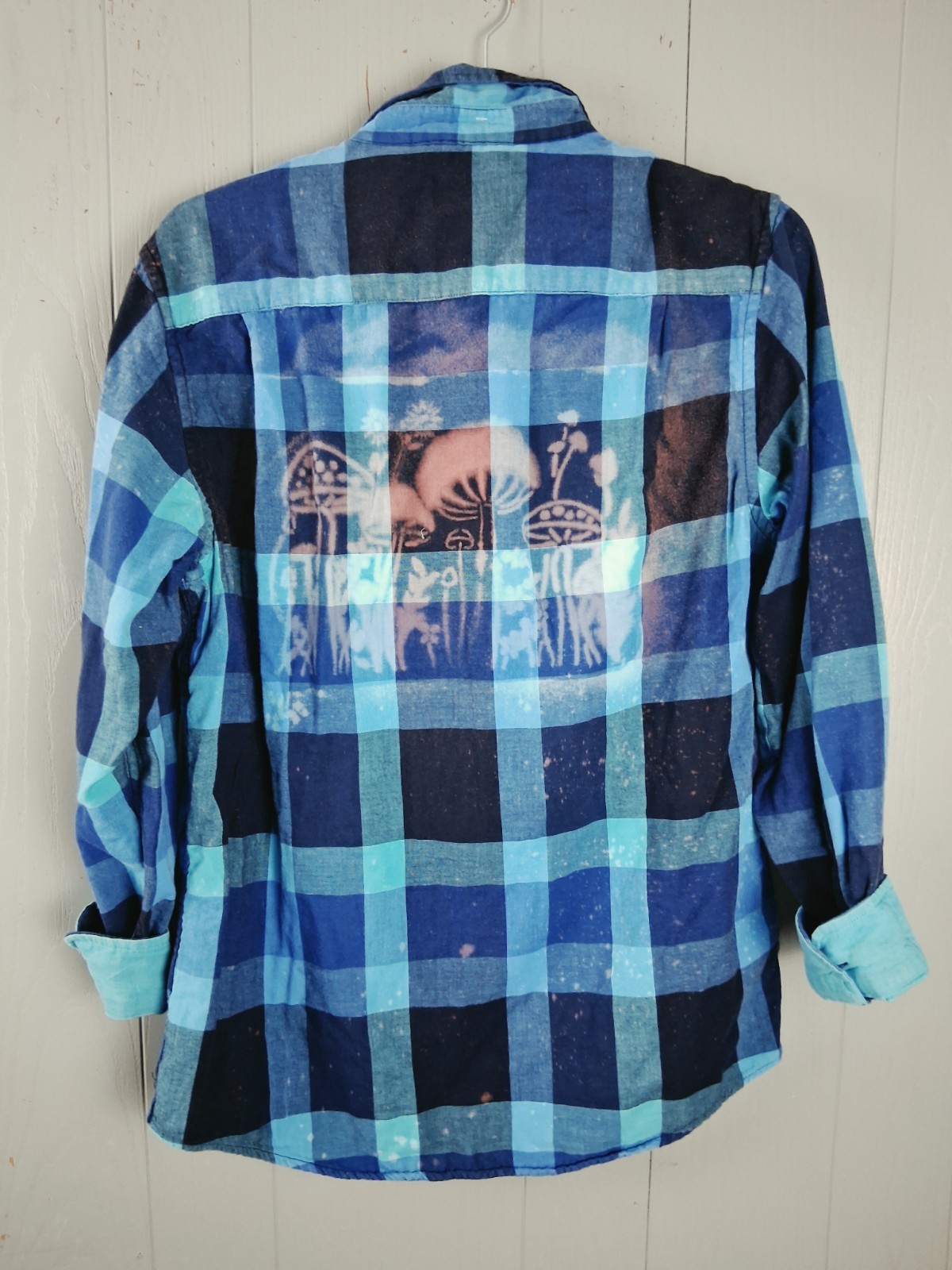 Upcycled Flannel Shirt Shacket Womens M Bleached Mushrooms Lace Crochet Cottage
