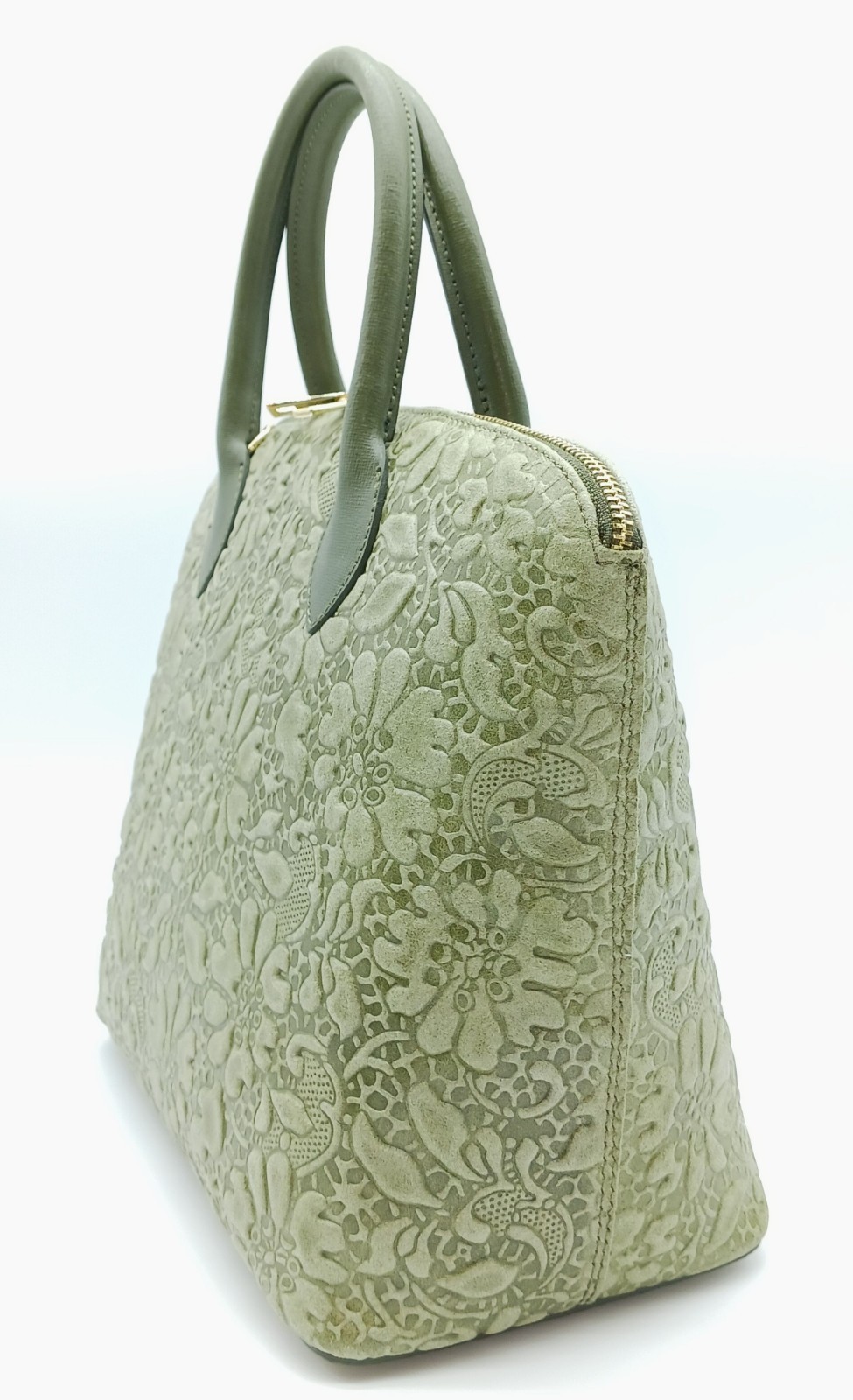 Army Green Italian Genuine Leather Floral Embossed Handbag Satchel Made In Italy