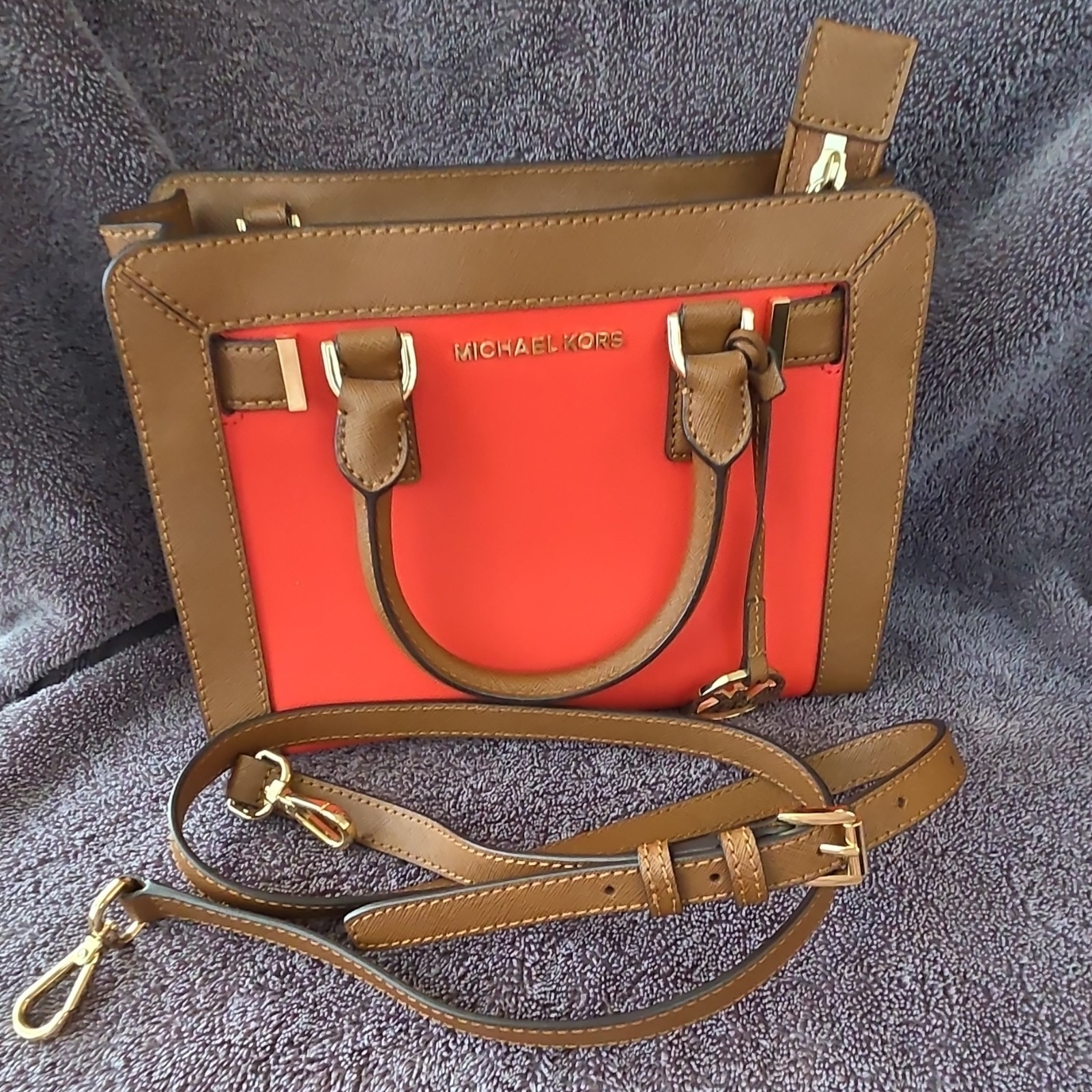 Michael Kors Small Orange & Brown Satchel Top Handle Zip, Detachable Strap Charm