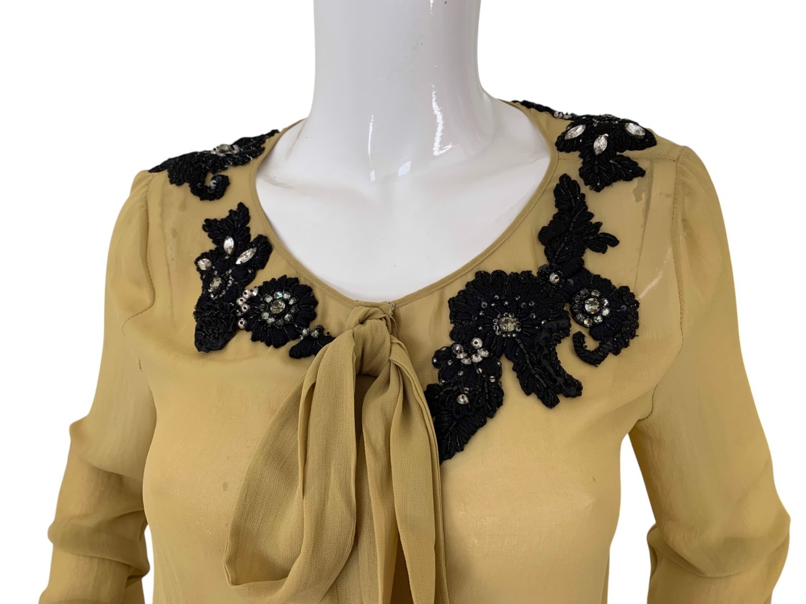 Robert Rodriguez Blouse Embellished Beaded Chiffon Tie Neck Top Size Small