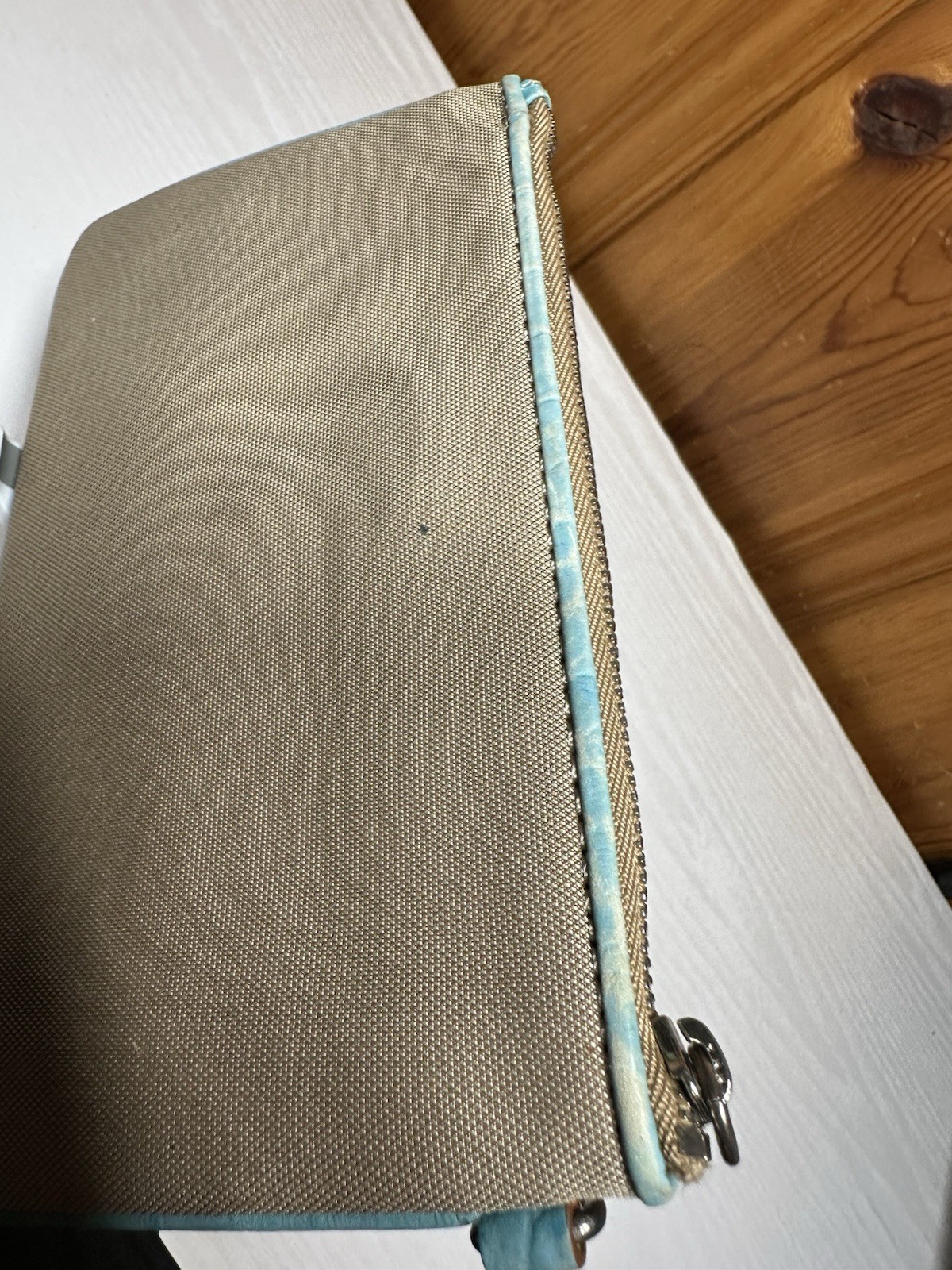 Michael Kors Beige & Light Blue Clutch Buckle Accent, Zipper, Silver Hardware