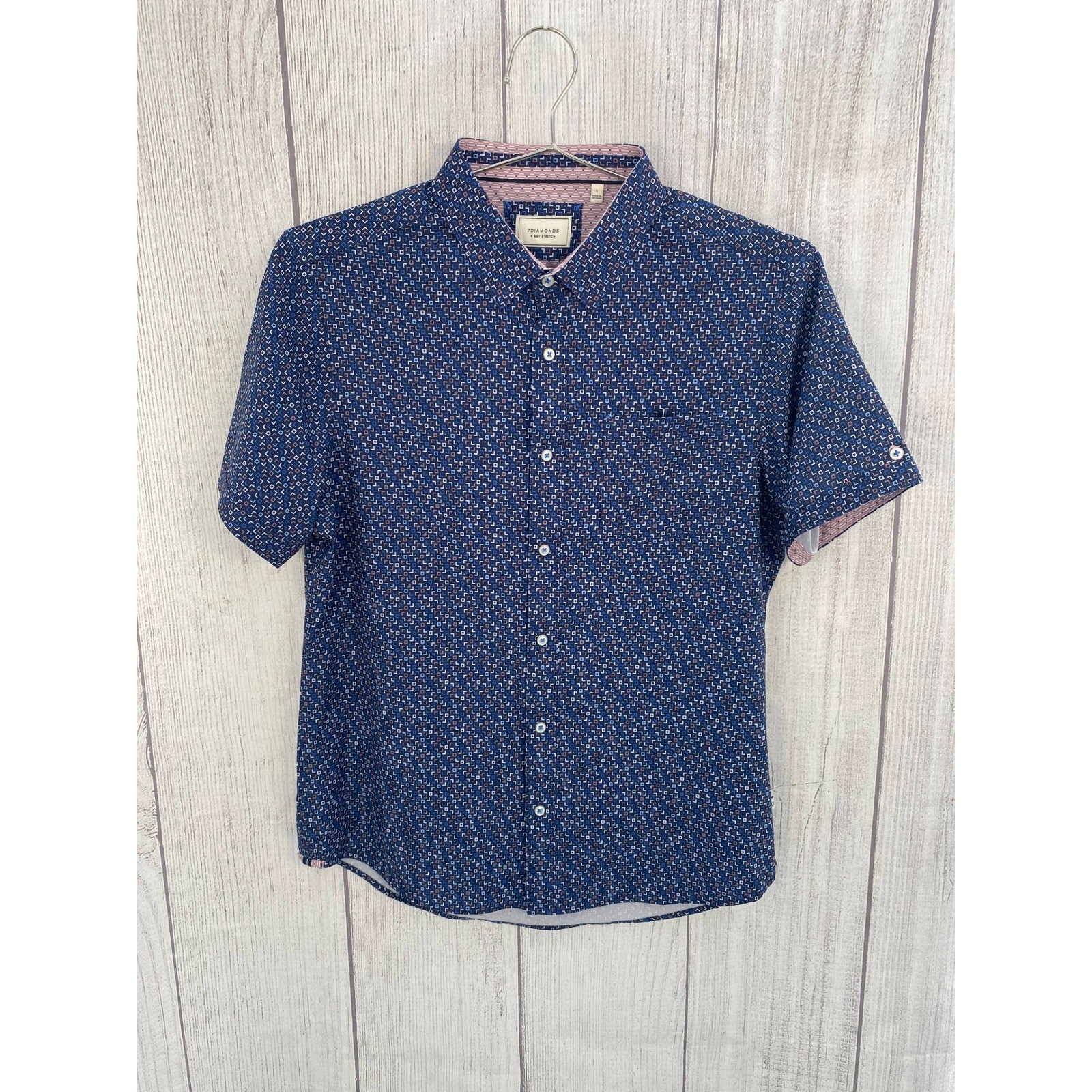 7Diamonds Shirt Mens LARGE Blue Button Down Excellent 4-Way Stretch Geometric