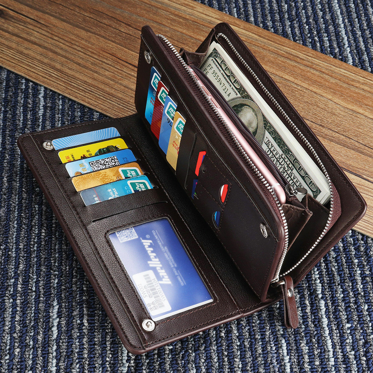 Mens Leather Wallet Large Capacity Bifold Long Card Holder Purse Business Clutch