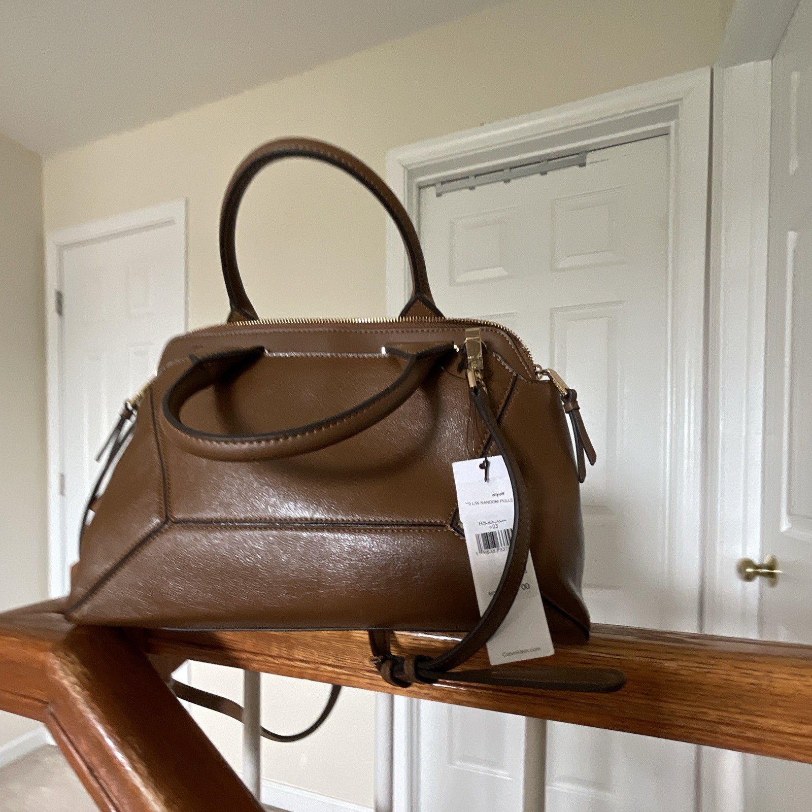 Calvin Klein Brown Large Crossbody, Zip Top, Top Handle, Detachable Strap, Gold