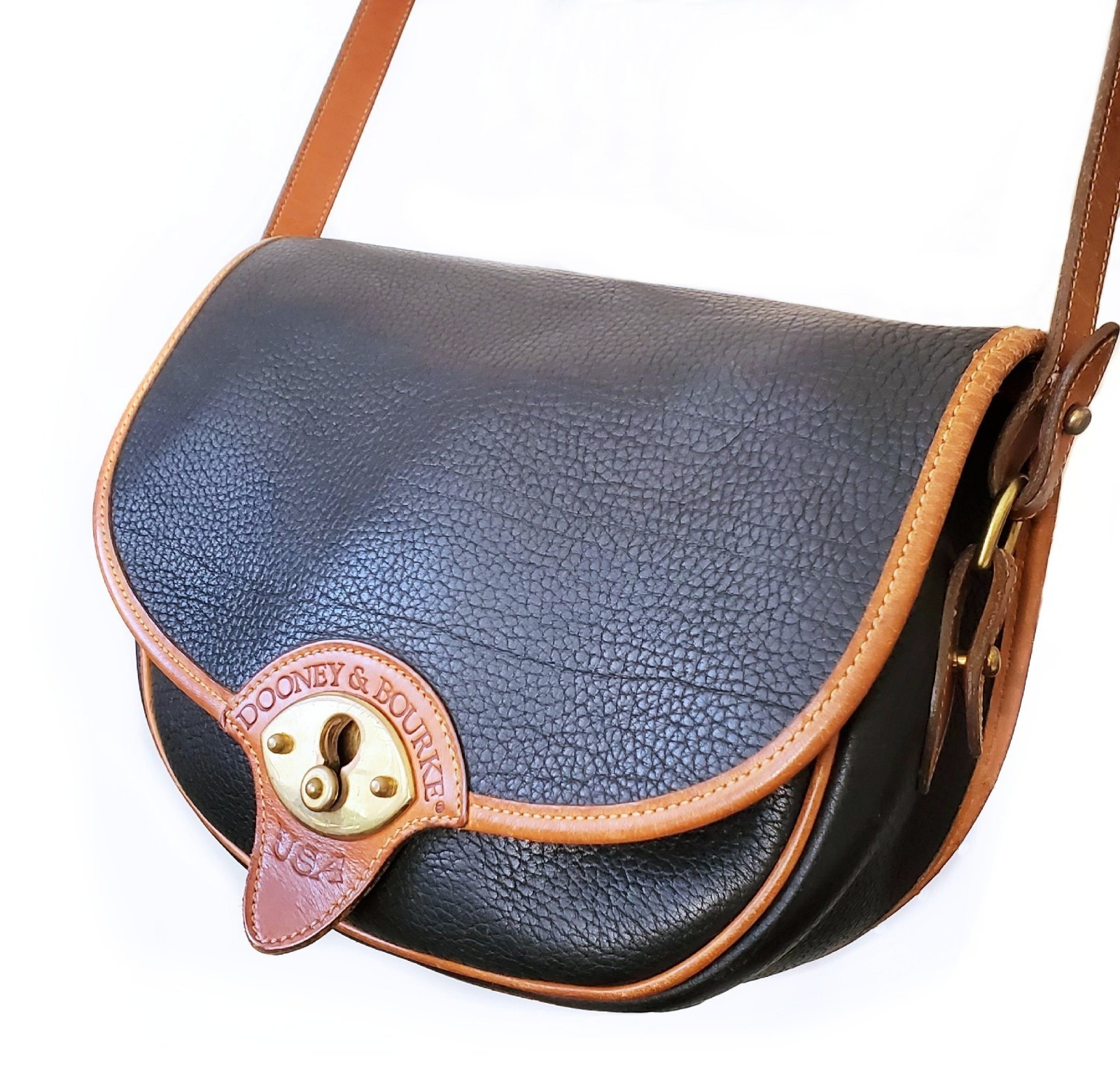 80s Vintage Dooney & Bourke AWL Cavalry Trooper Leather Crossbody Bag Navy v BLK