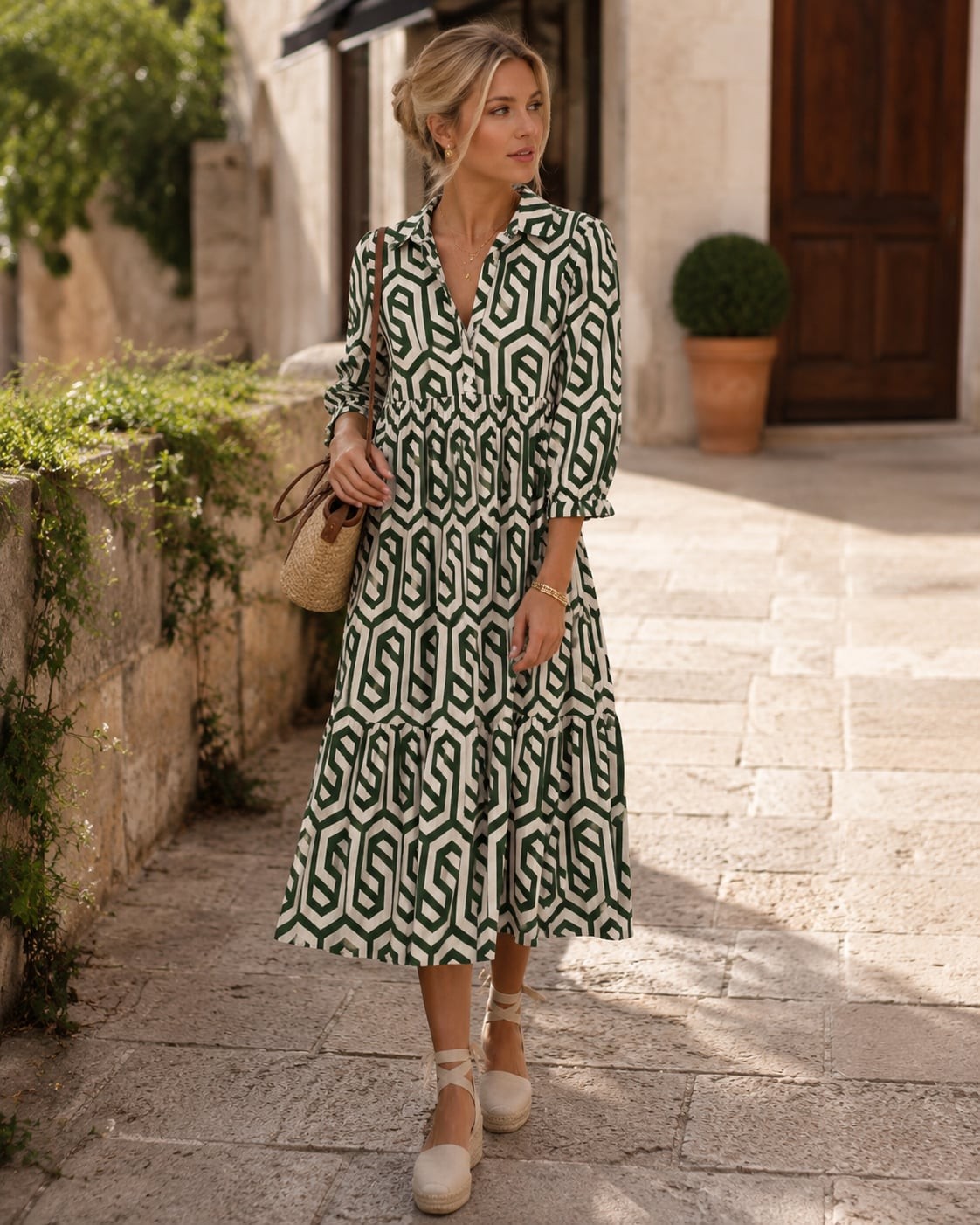 Zara Geometric Print Tiered Midi Shirt Dress