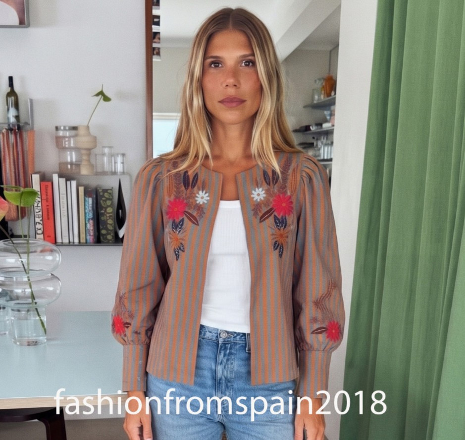 ZARA NEW WOMAN STRIPED FLORAL EMBROIDERY JACKET ORANGE S,M,L 2855/201/615