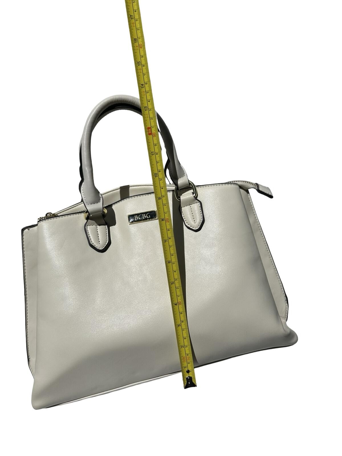 BCBG Cream Ivory Satchel Handbag Faux Leather Tote Purse Gold Hardware