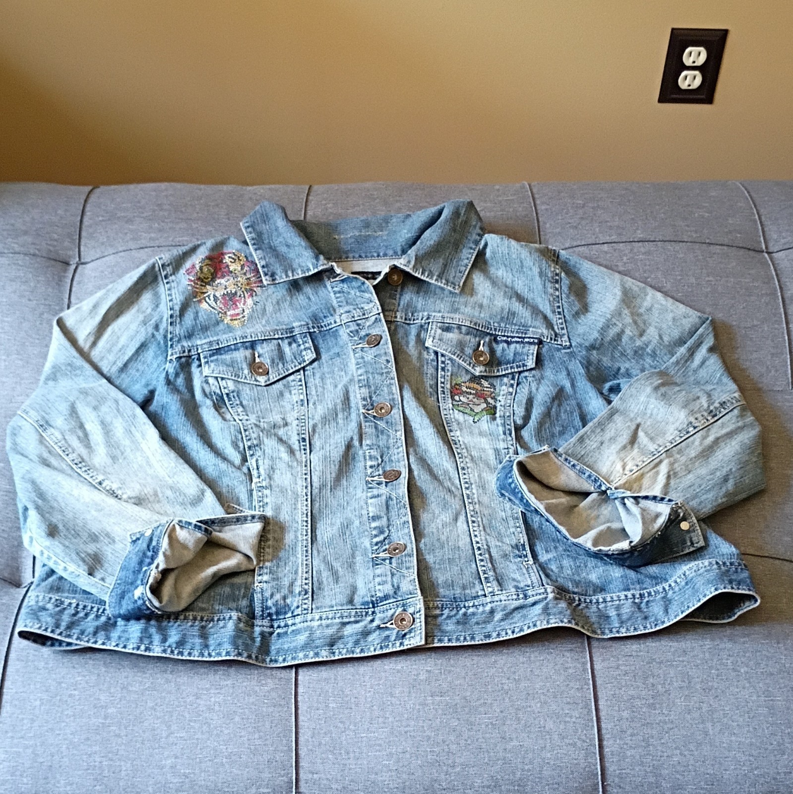 Calvin Klein Jeans Women’s Blue Embroidered Button Jacket Collared Pockets 3XL