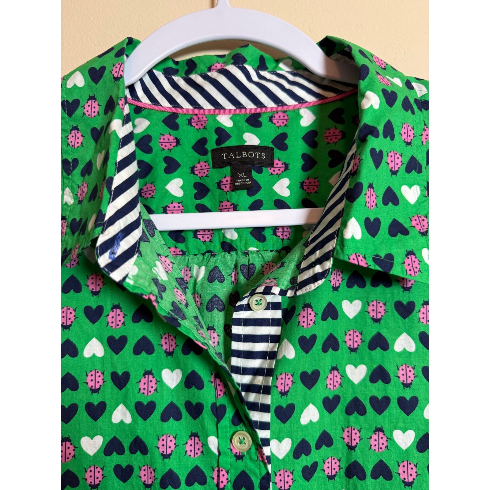 Talbots Green Ladybug Heart Print Button Down Shirt XL Womens Long Sleeve NWOT