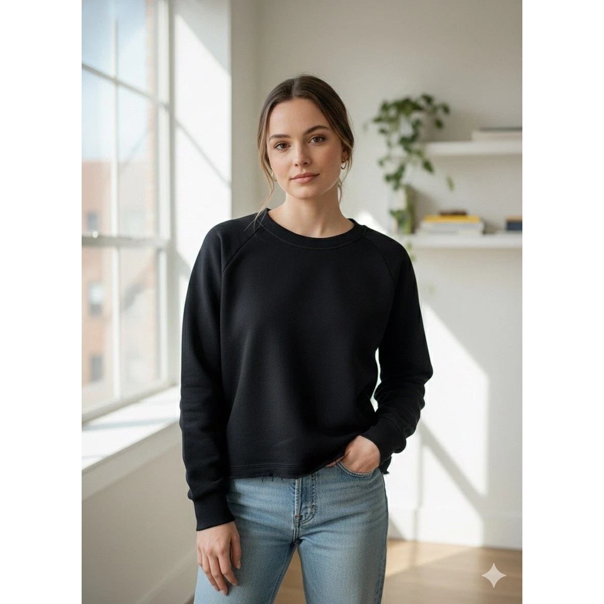 Alternative Black Sleeve Crew Neck Sweatshirt Raw Hem Pullover Top M