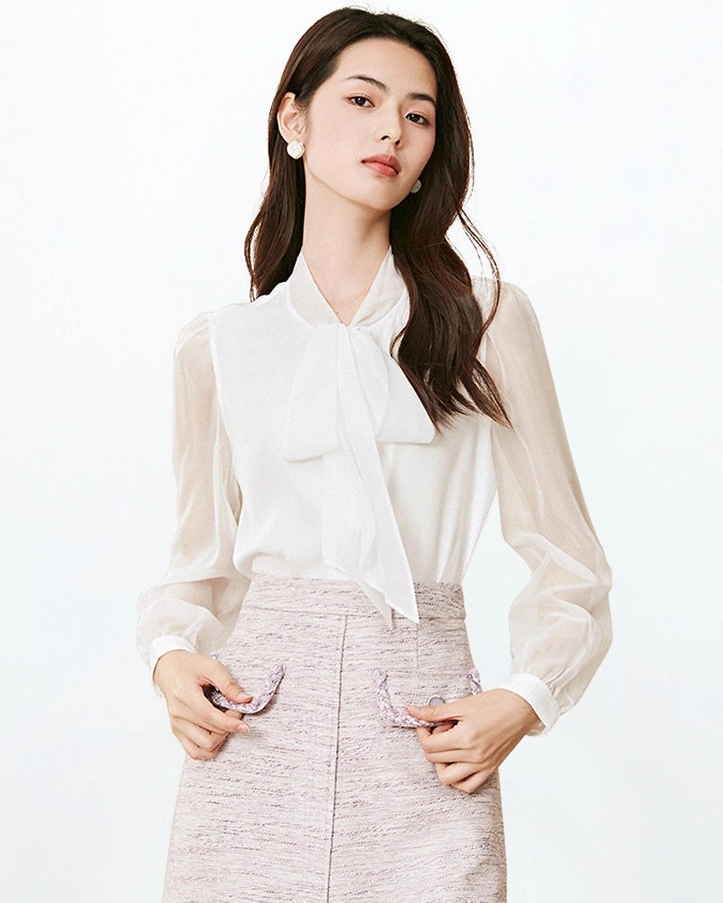 Tie Neck Silk Blouse with Sheer Sleeves