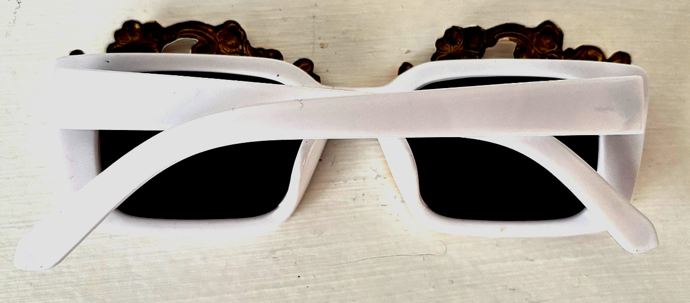 Lacquered Brass Rococo on Plastic Sunglasses 5 3/4″ W x 1 3/4″ H x 6″ arm