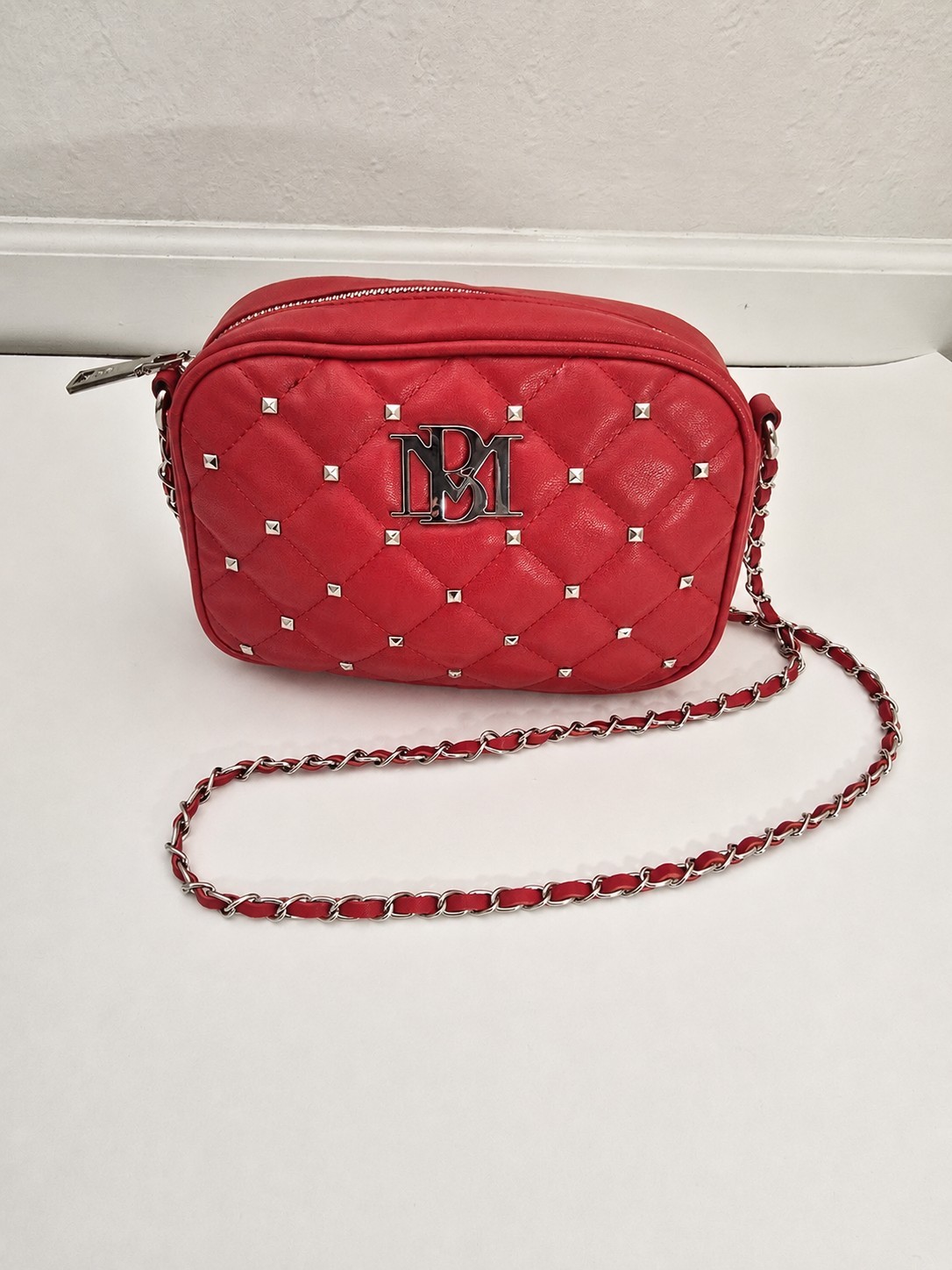 $100 Authentic Red Quilted Crossbody Bag – Vegan Leather Studded Purse