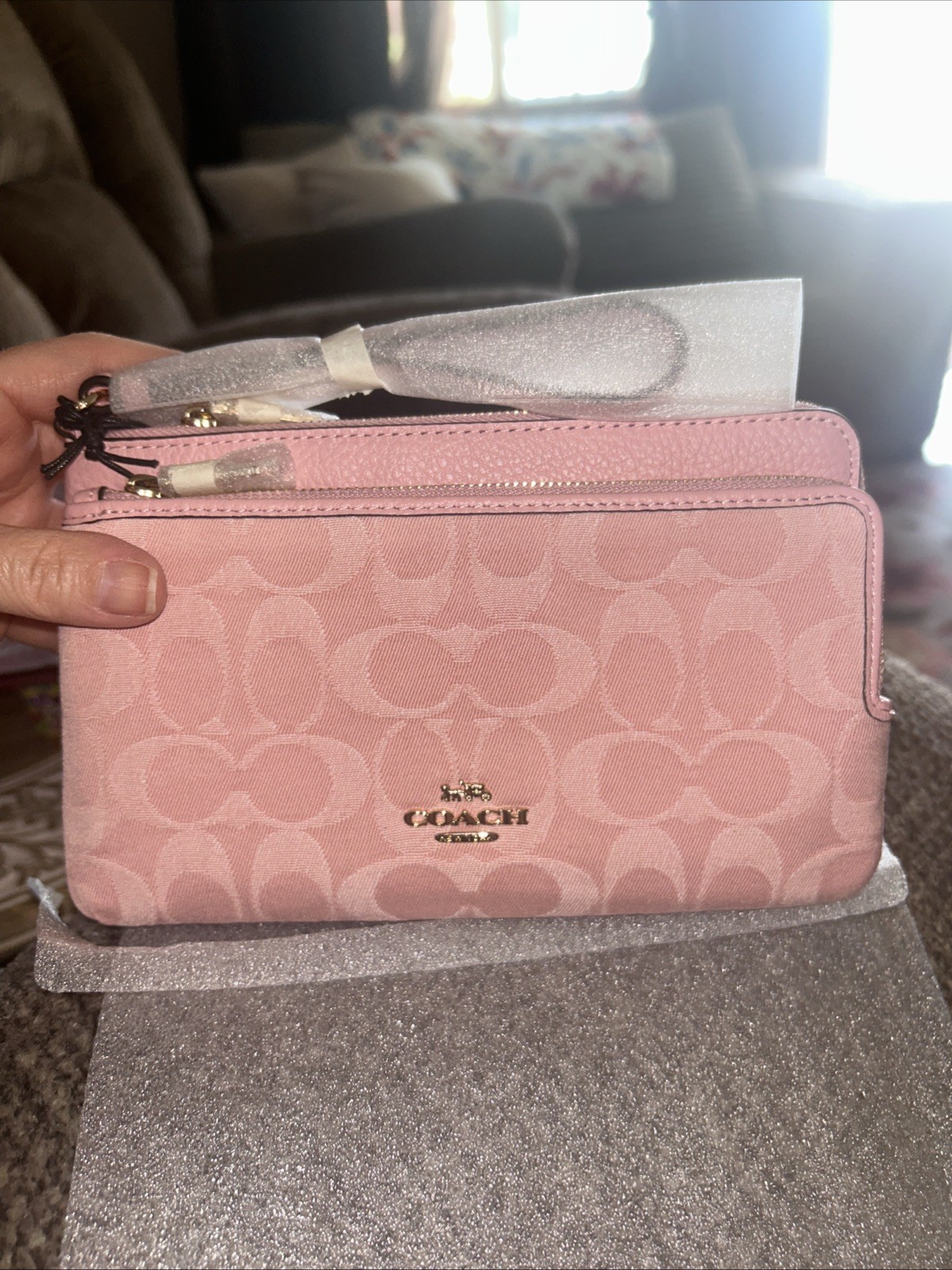 NWT Coach CDN22 Double Zip Wallet In Signature Denim Gold/Light Pink