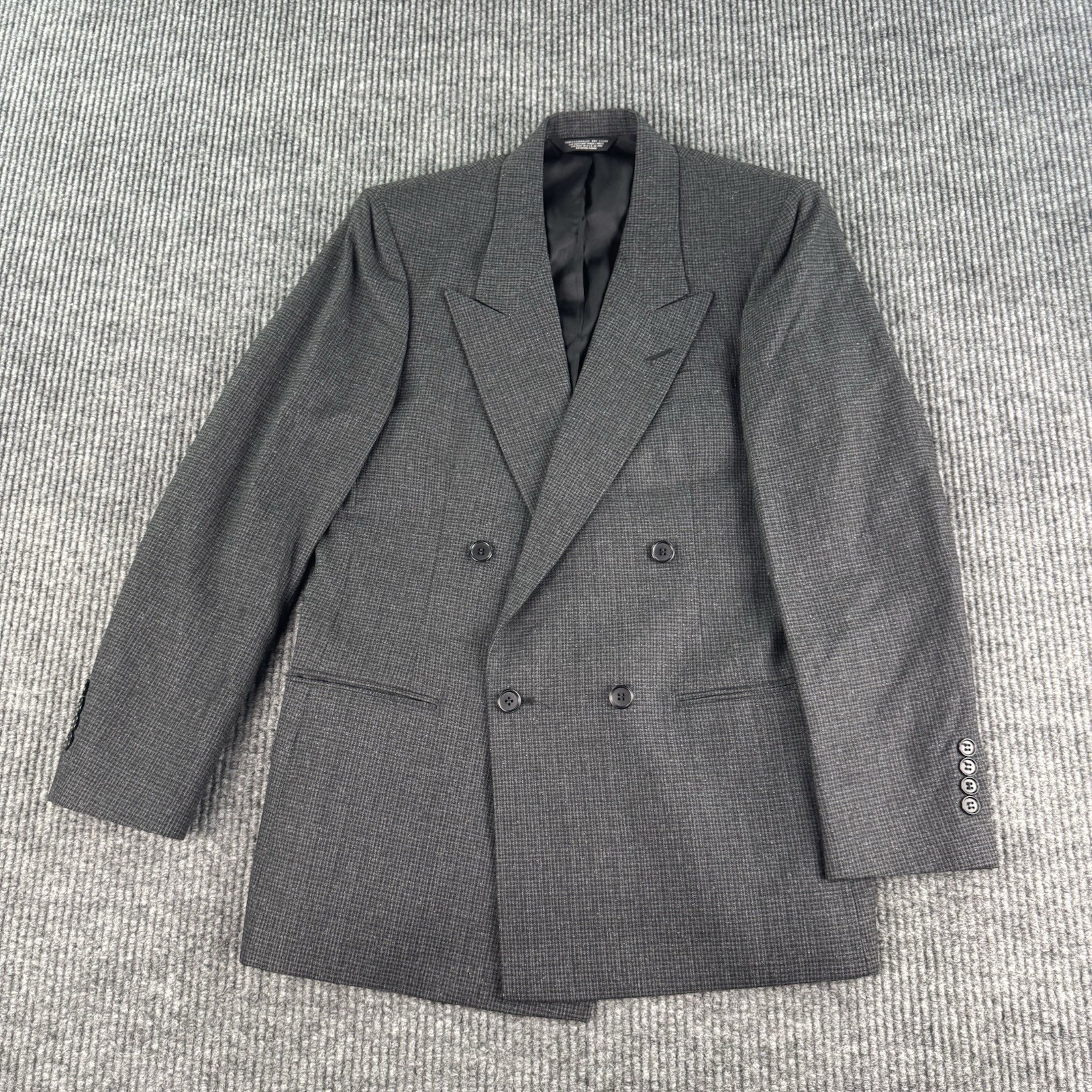Vintage Pierre Cardin Suit 40 Gray Wool Nailhead Double Breasted Pleated 28×30