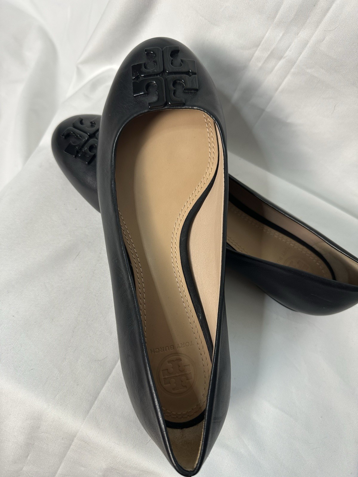 Tory Burch Women’s Black Leather Ballet Flats Slip-On Comfort Logo US 7.5