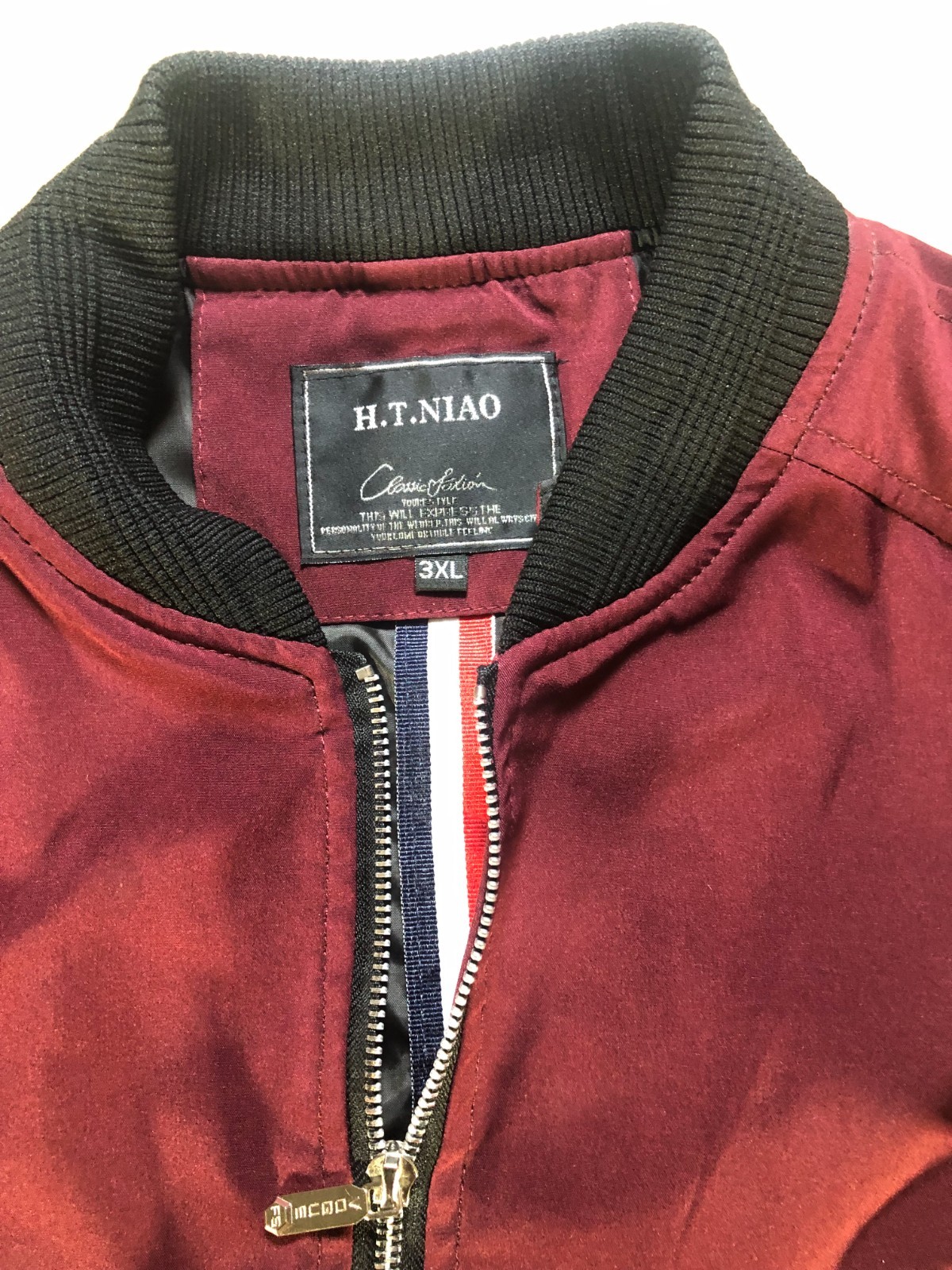H.T. NIAO Men’s Burgundy Bomber Jacket Full Zip MA-1 Flight Style Size 3XL