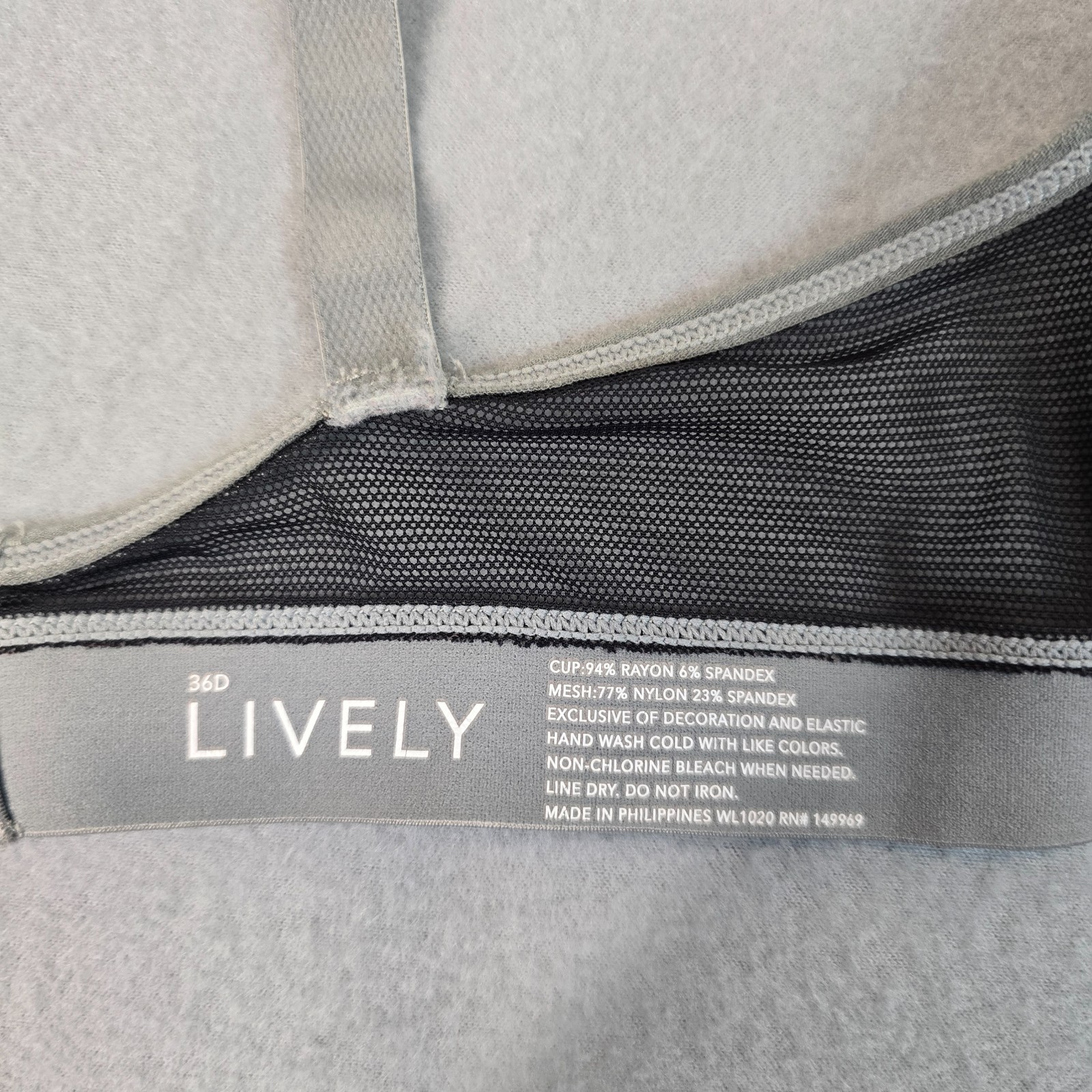 Lively 36D Gray Black Wireless Bra Mesh Trim T Shirt Bra Soft Cup Comfort Bra