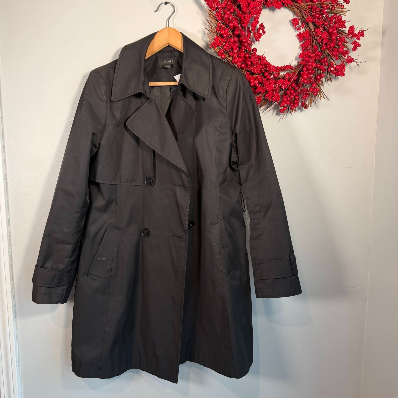 Halogen Quiet Luxury Corp Goth Fitted Double Breasted Trench Coat LARGE in Black